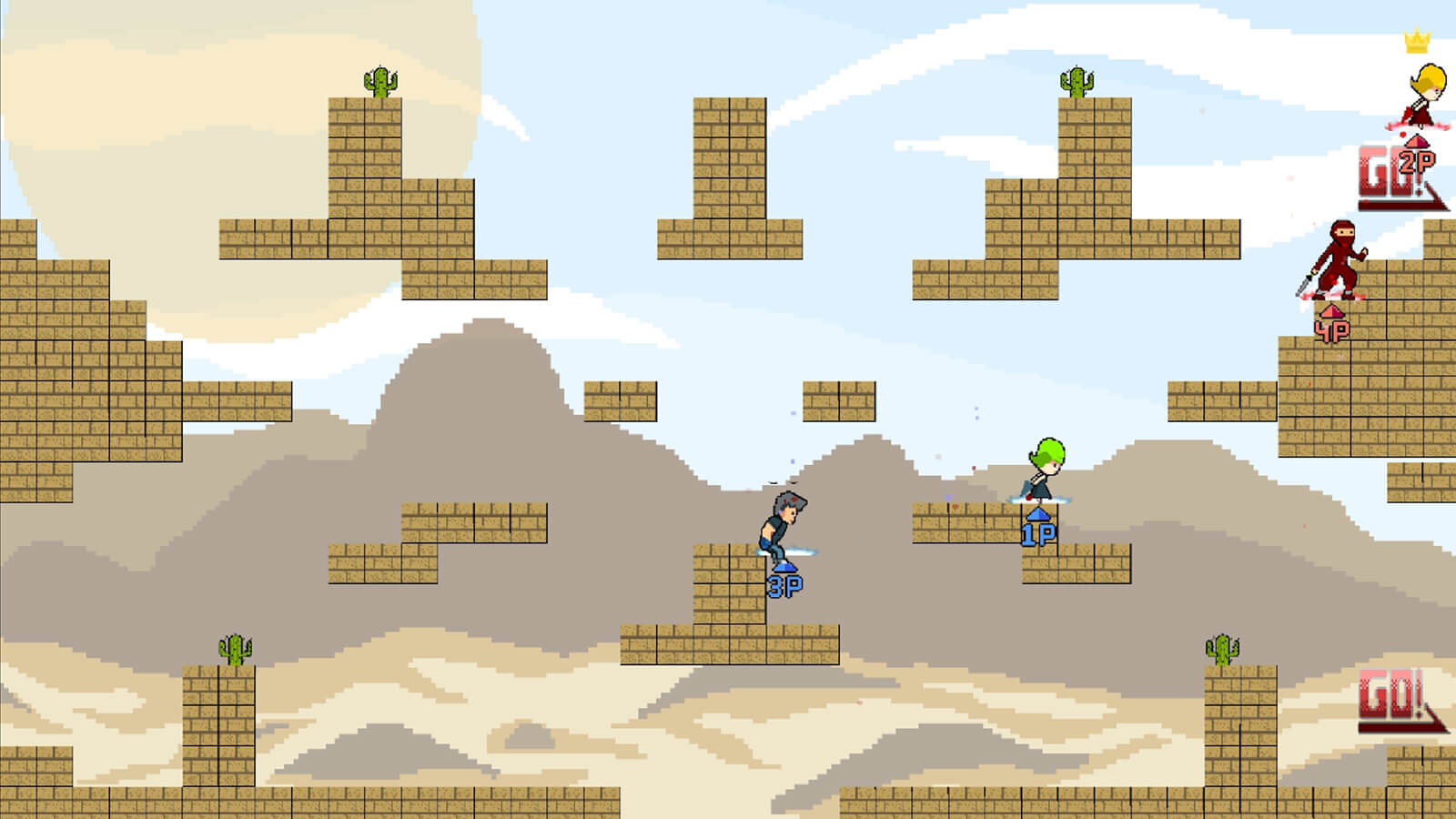 Four players jump around sandstone-brick platforms on a level with a desert background