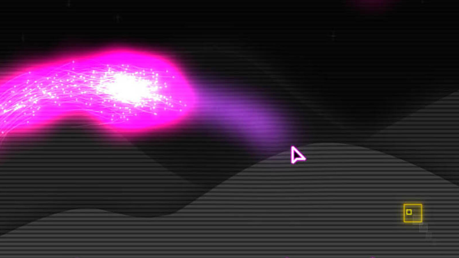 A glowing cloud of magenta particles follows a mouse cursor. A yellow square floats nearby.