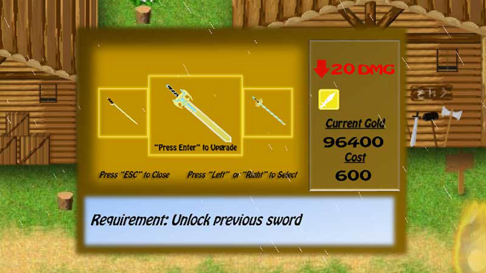 Weapon purchase screen asking the player to upgrade a sword for higher damage dealing