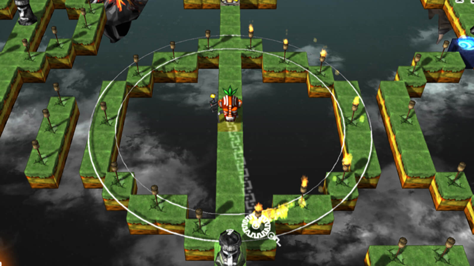 The player's character stands at the center of a single-block row and is lighting torches arranged in a circle around itself