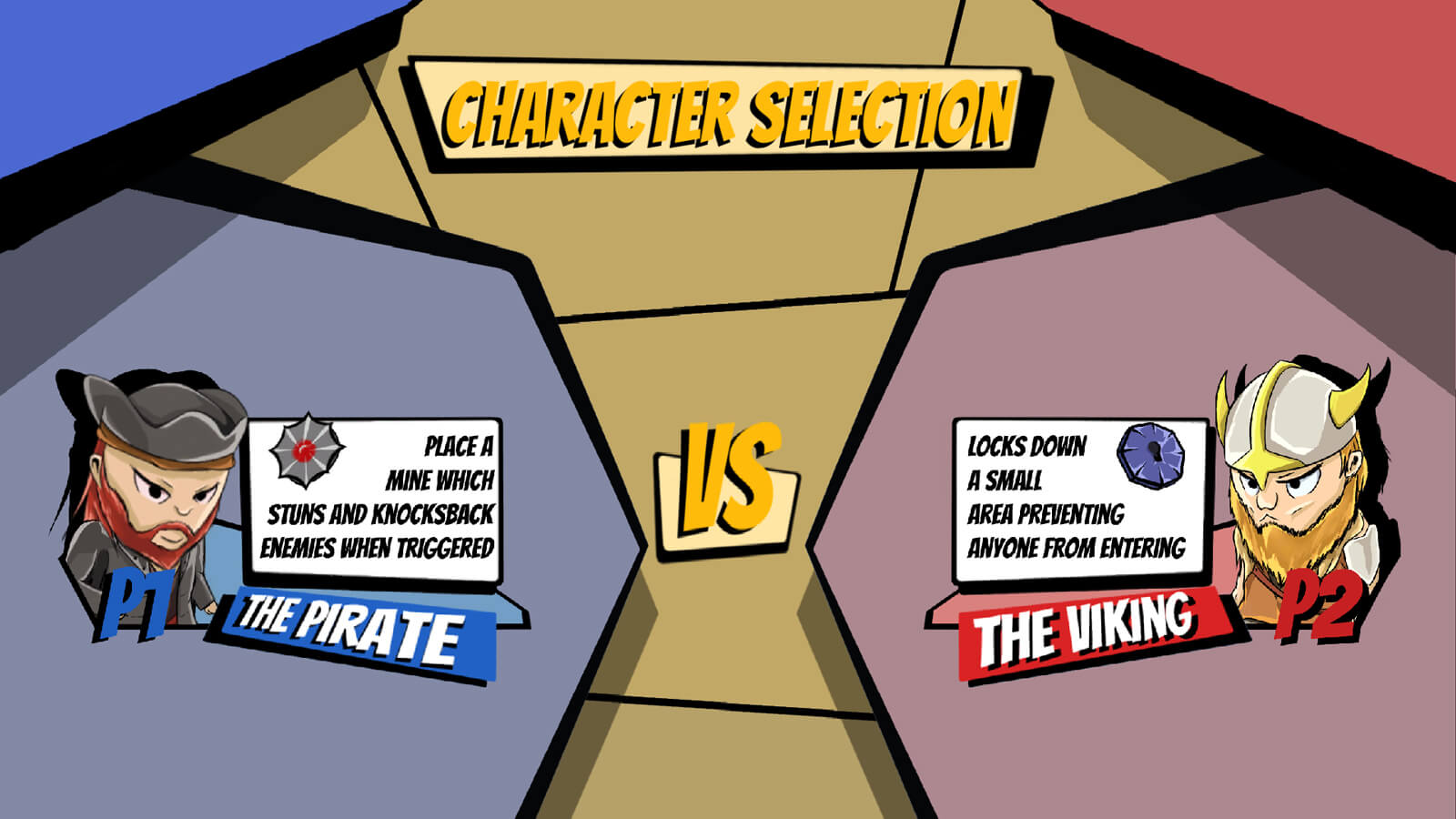 Character selection screen showing two playable characters: The Pirate and The Viking, and their special abilities