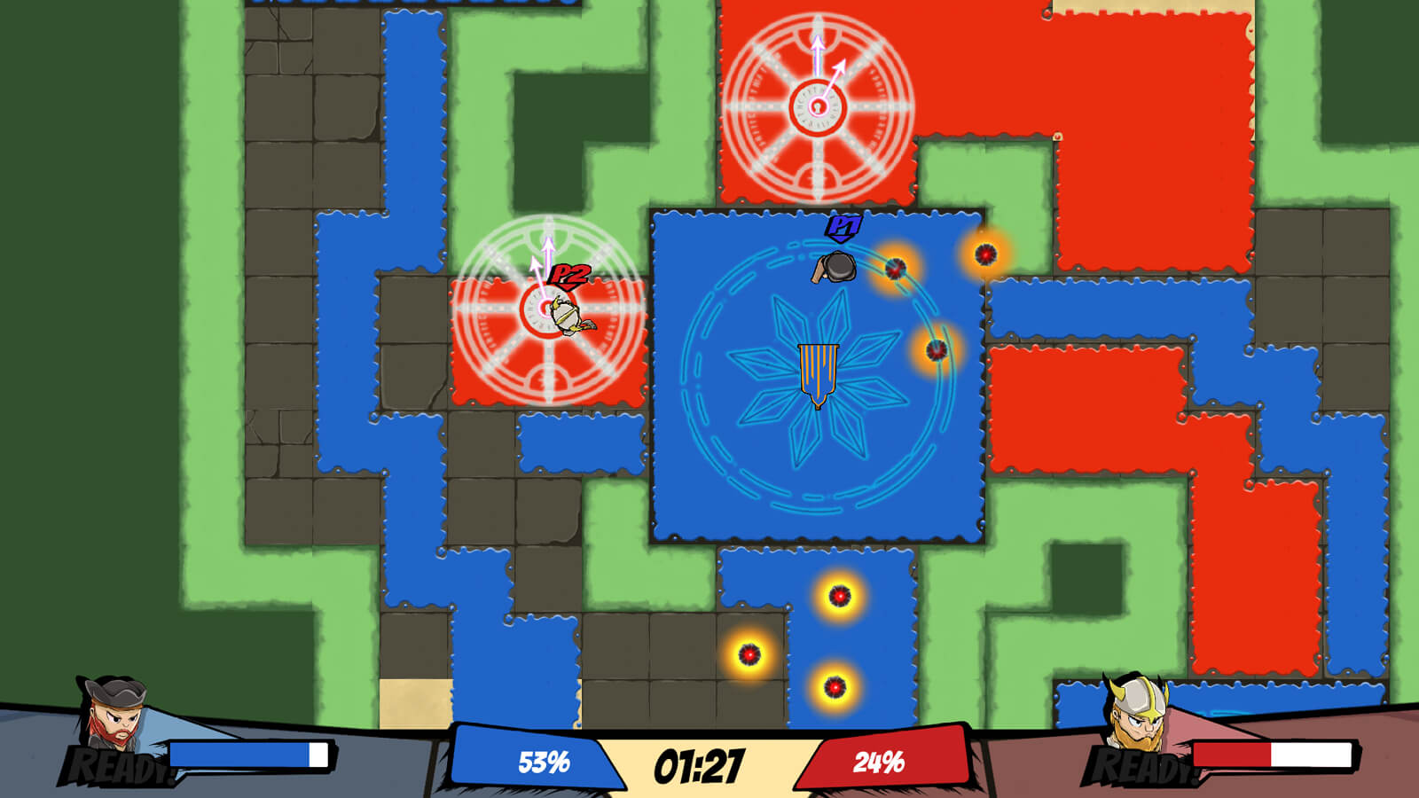 Top down screenshot of match between the Pirate and Viking in progress. Tiles are painted blue, red, and green