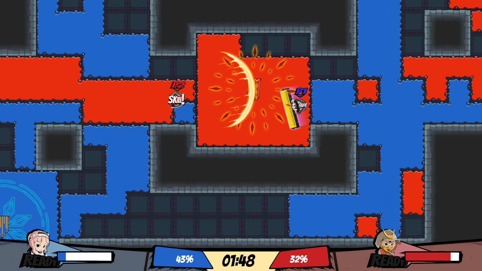 Two players in a top-down map fight each other by attempting to paint the floor with their own colors