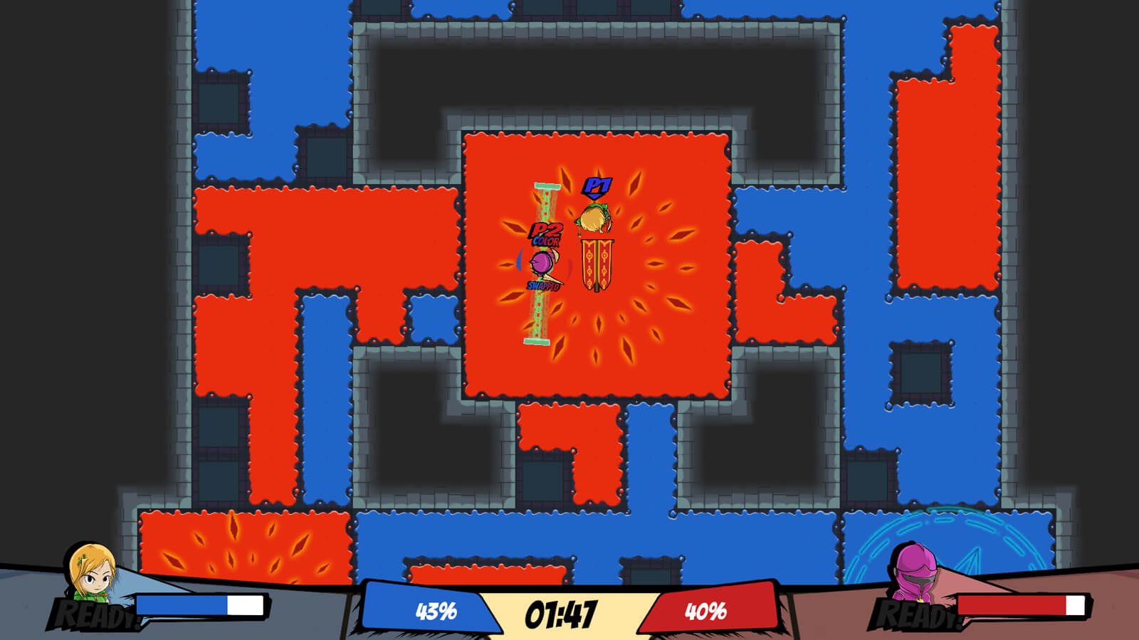 Two players in the middle of a match. The floor is painted both red and blue
