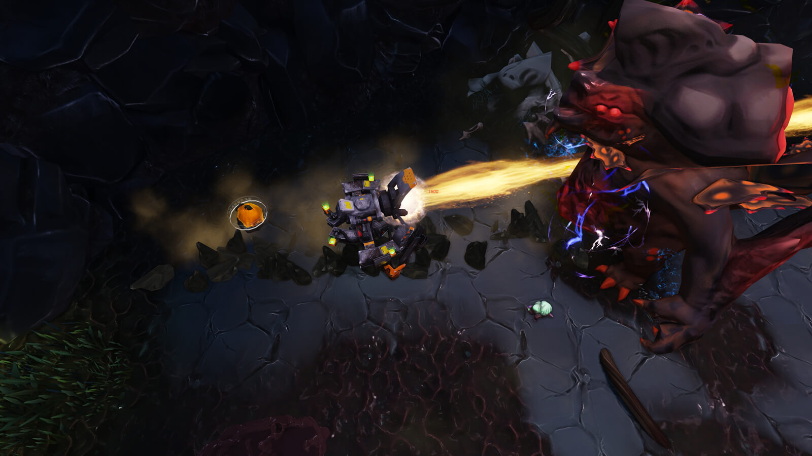 A battle mech shoots a thick orange beam at a massive enemy monster