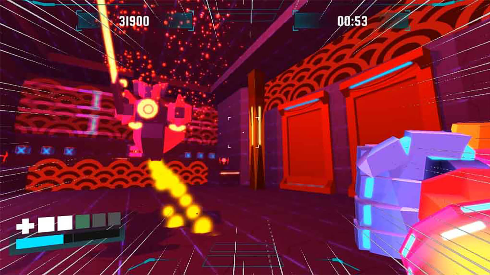 A stylized, violet-colored fist rushes in from the right toward a floating red robot in a vivid neon red room.