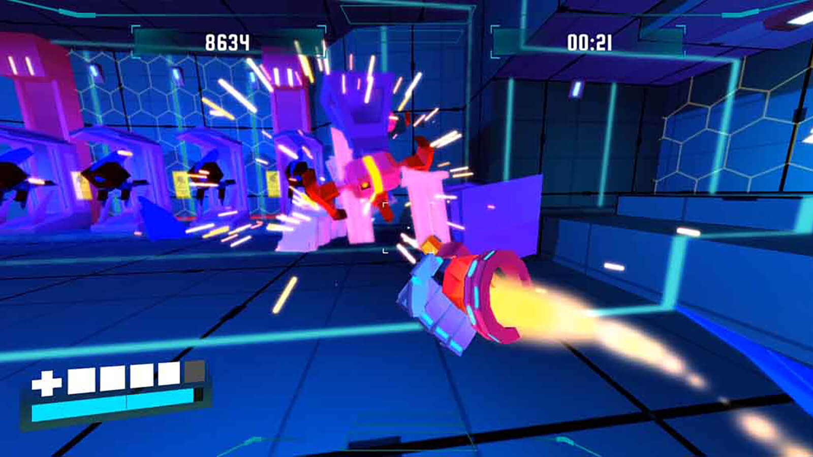 A violet-colored fist rockets through the air towards a sparking, floating robot in a neon-blue room.