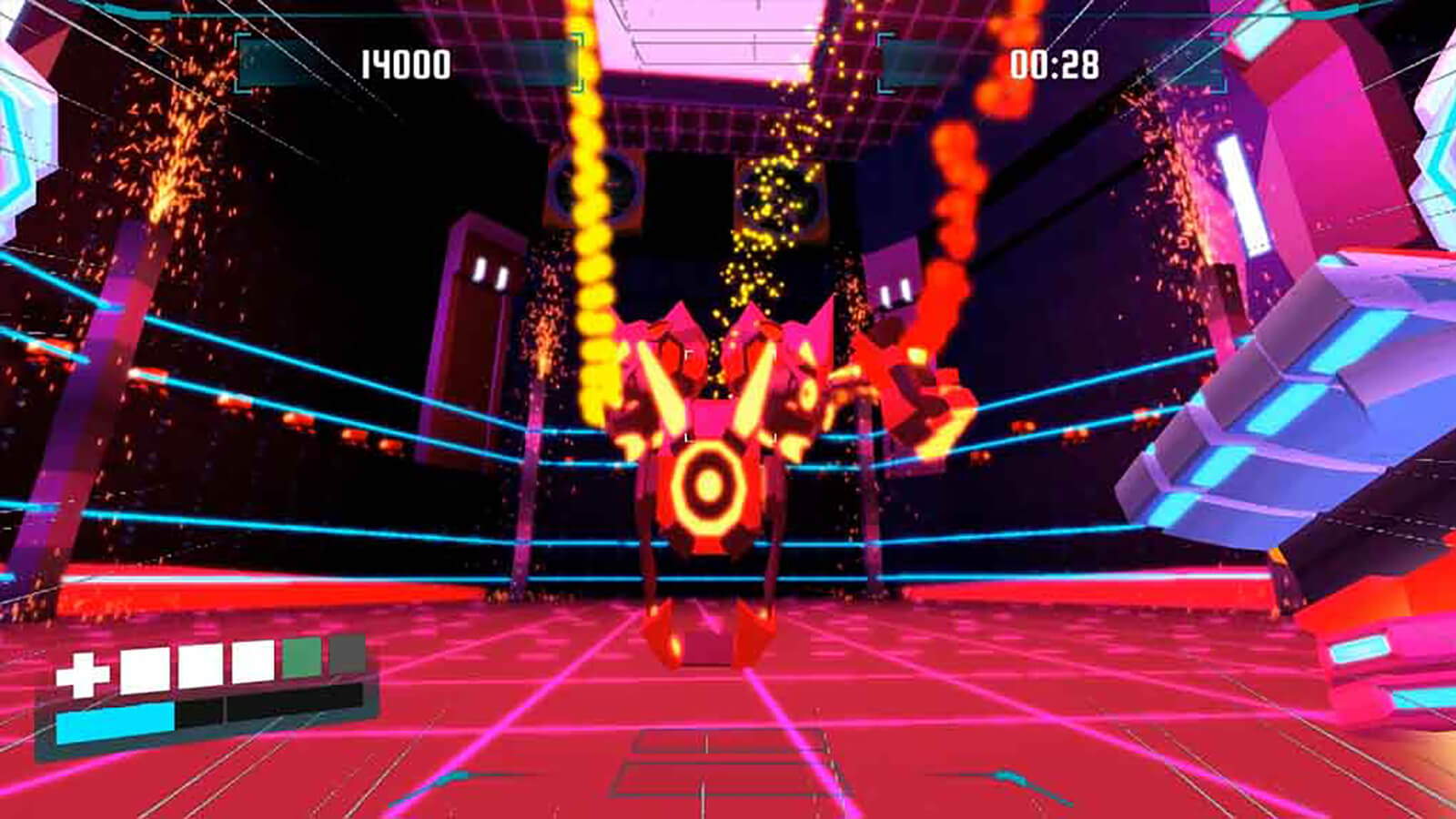 A large red and magenta robot with glowing orange highlights stands in a fighting ring lined by neon blue lasers.