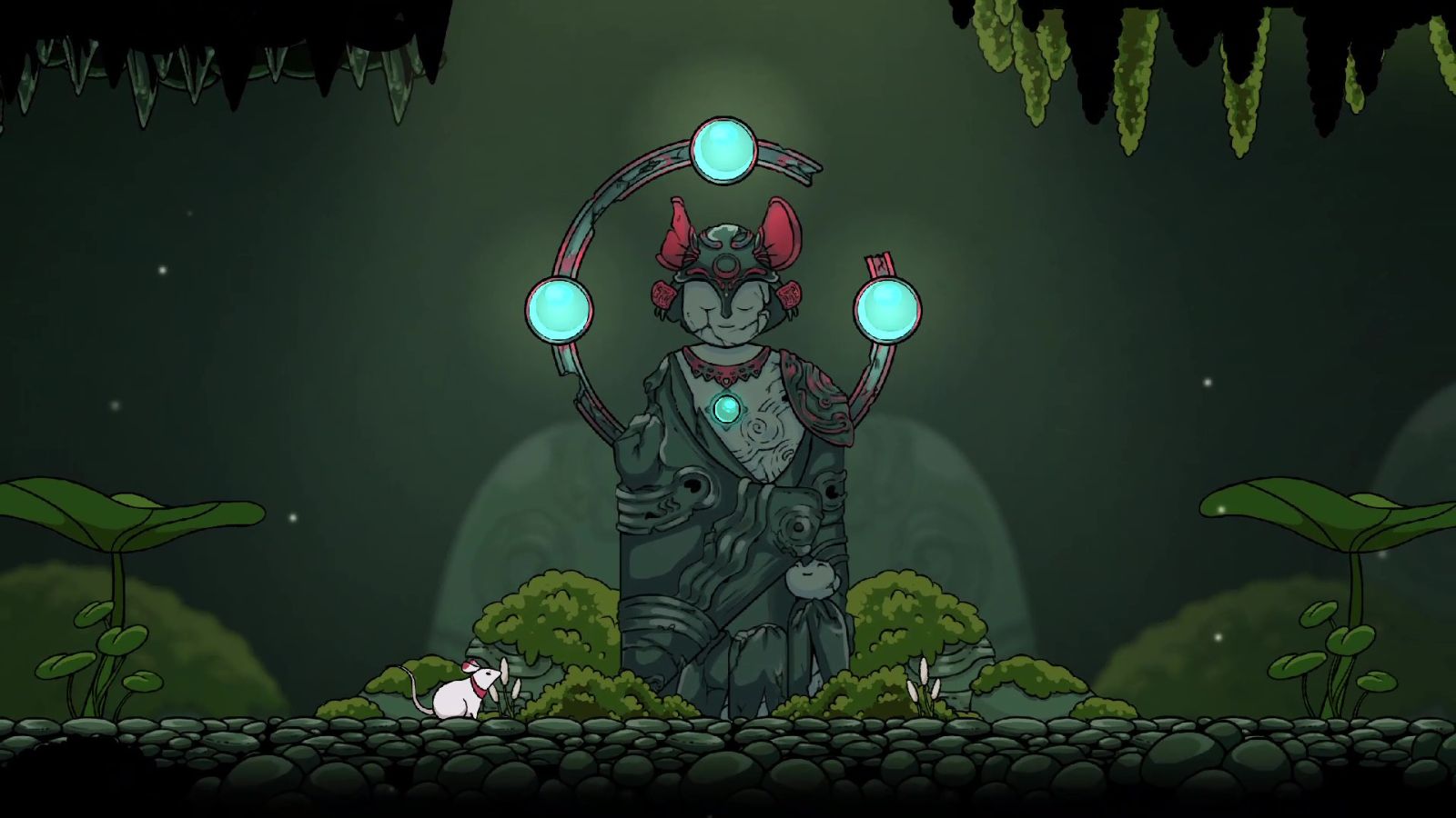 A mouse sits below a broken shrine with 3 blue orbs