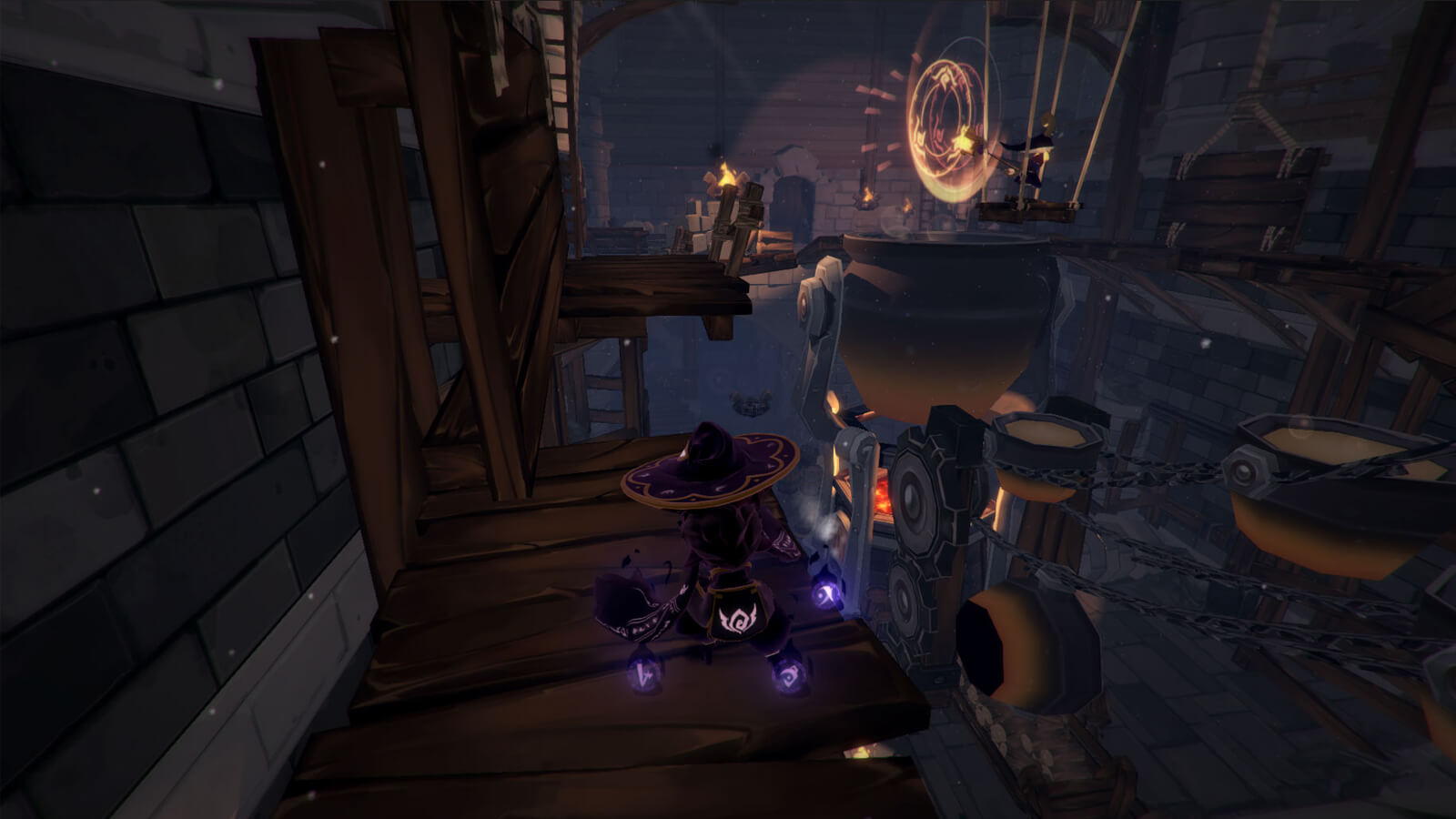 View of the player's character from behind standing in a darkened industrial area with an orange portal in the distance