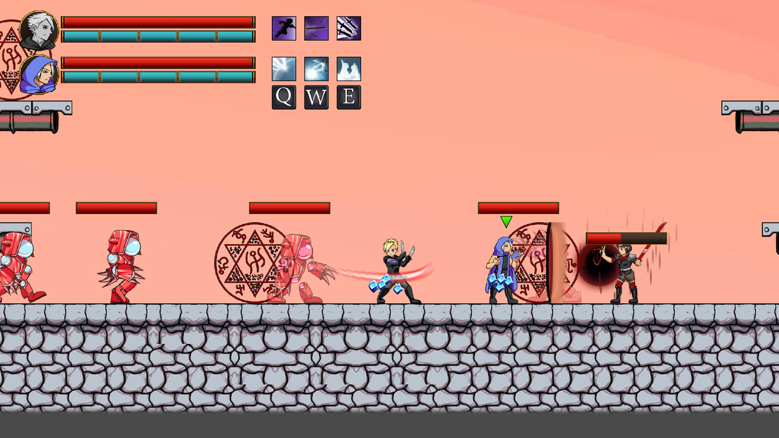 A black-clad thief wielding twin knives and a violet-cloaked mage battle against a wave of 2D enemies on a stone road.