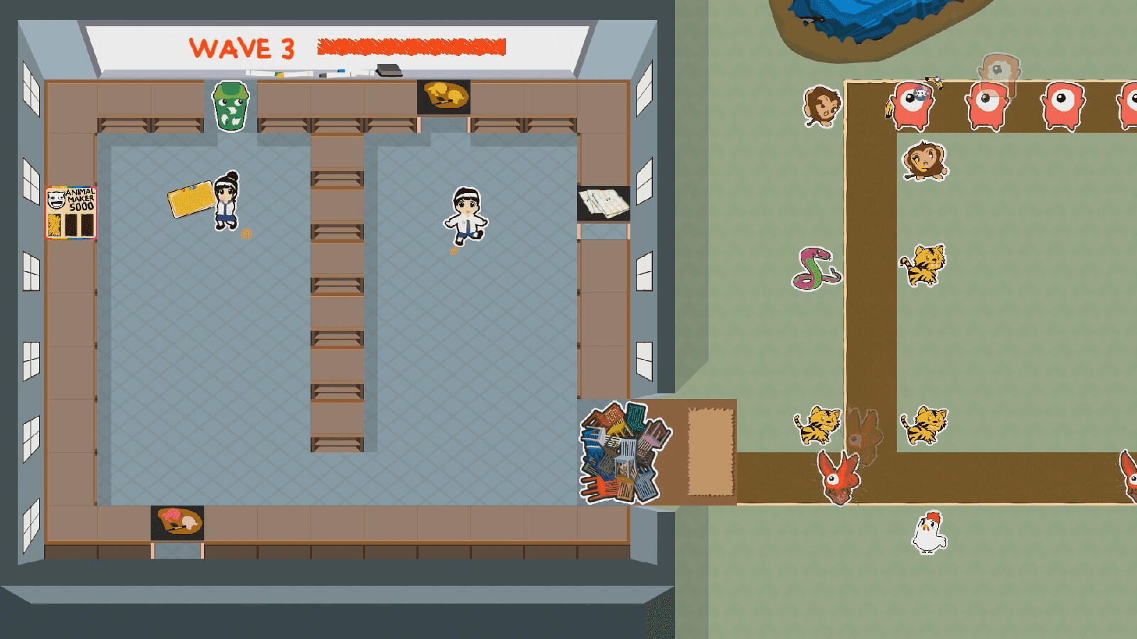 In a top-down view, a boy and girl are in a classroom. Outside, colorful animal stickers are attacking oncoming enemies.