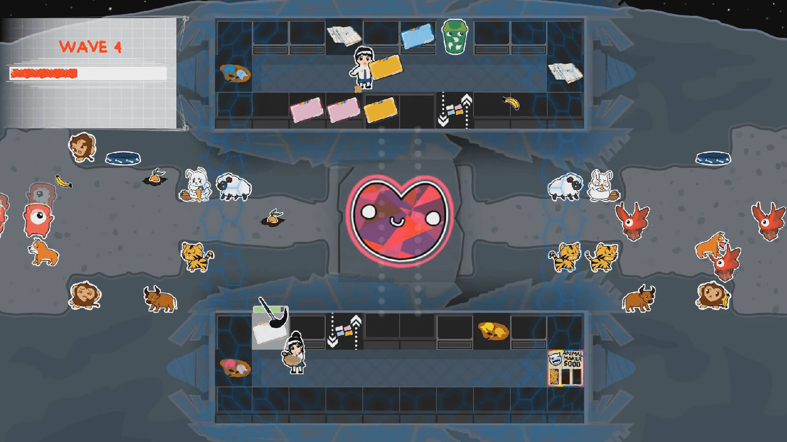In a top-down underground game level, vibrant animal stickers protect a large, central heart shape from oncoming enemies.