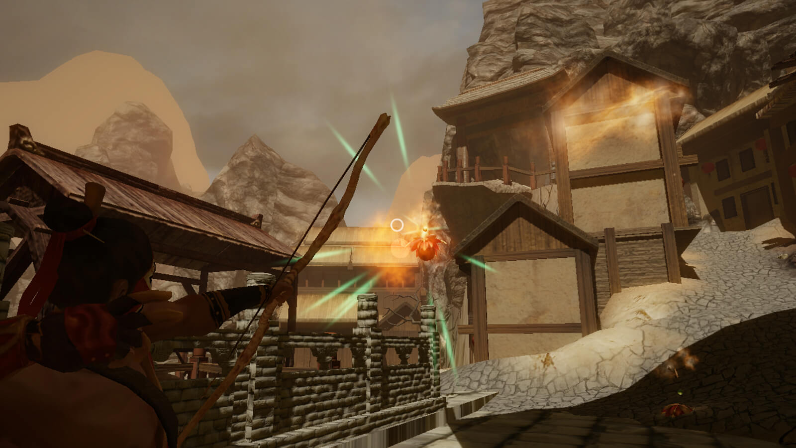 The player's character shooting an arrow at a glowing red object hanging in the air