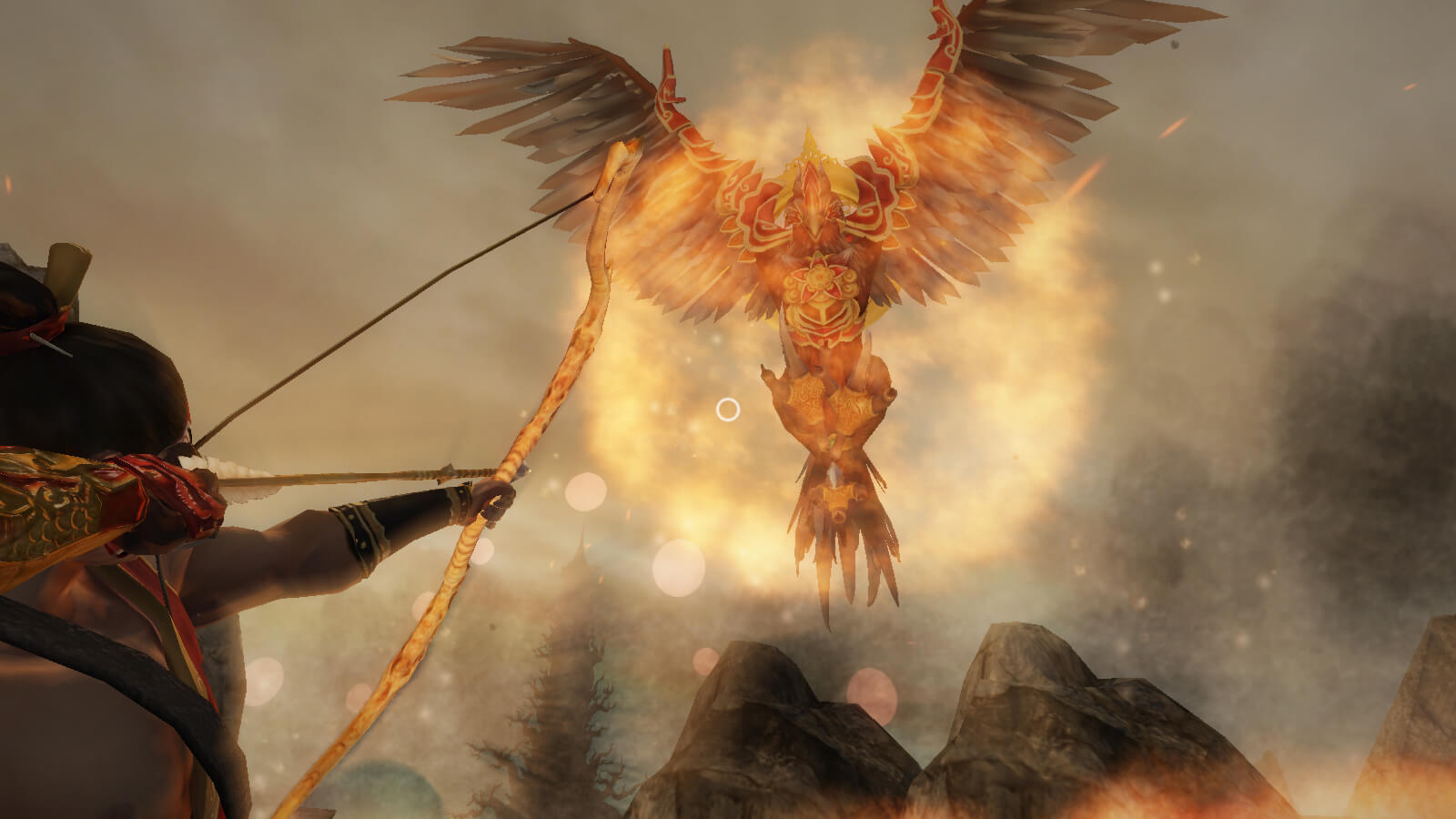 The player taking aim at a glowing, fiery bird in the air with a bow and arrow