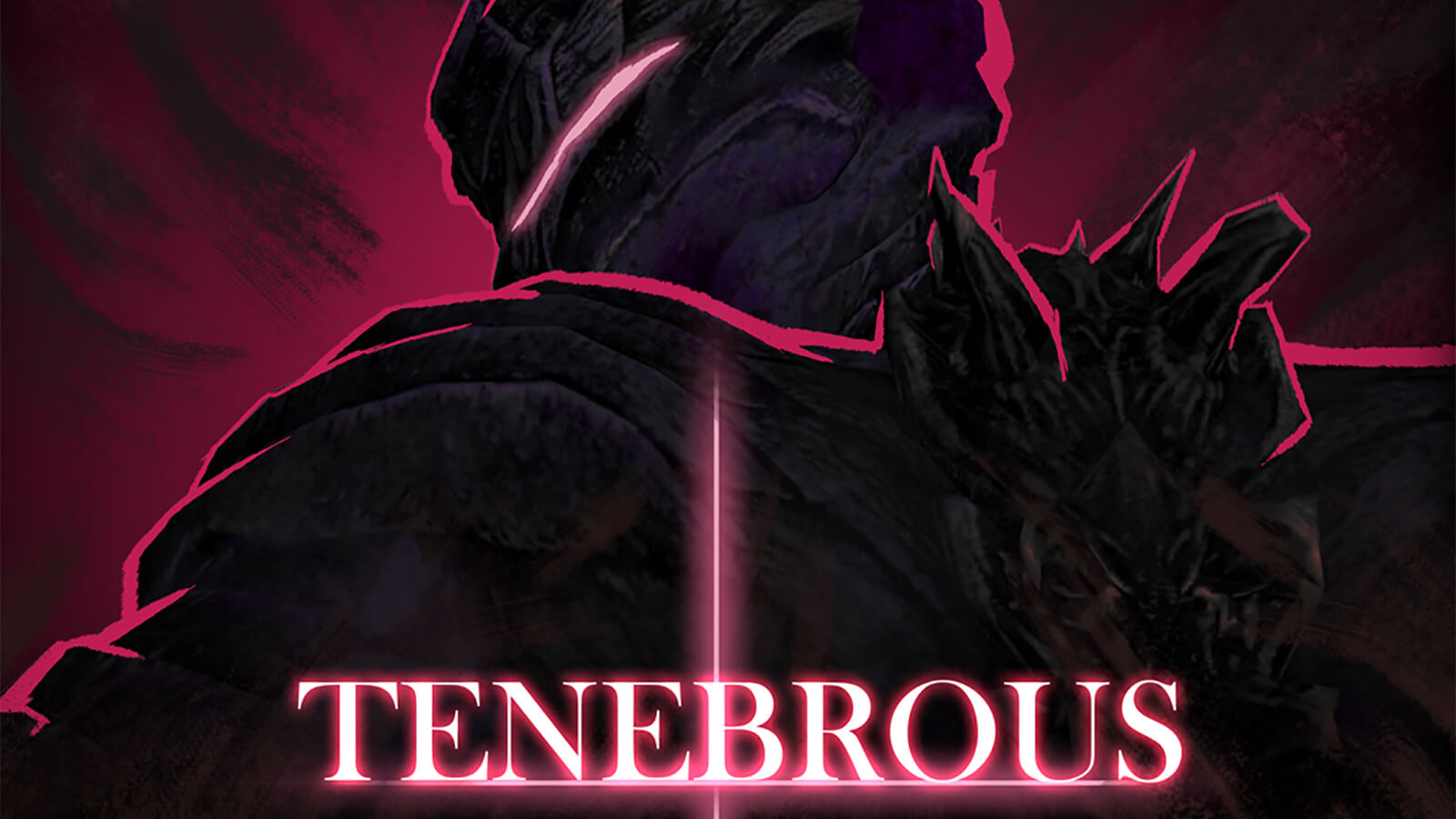 Title screen for the game Tenebrous, with a dark, stony humanoid looking over its shoulder against a magenta background.