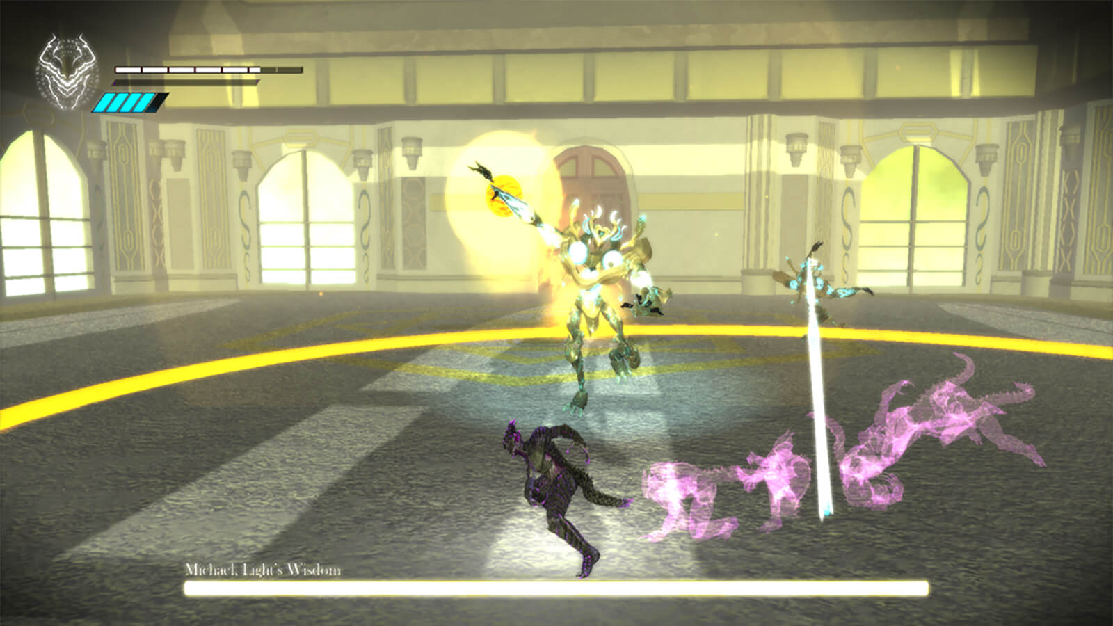 A demon-like figure in black and purple dodges in front of a tall yellow-clad monster in a brightly lit ballroom.