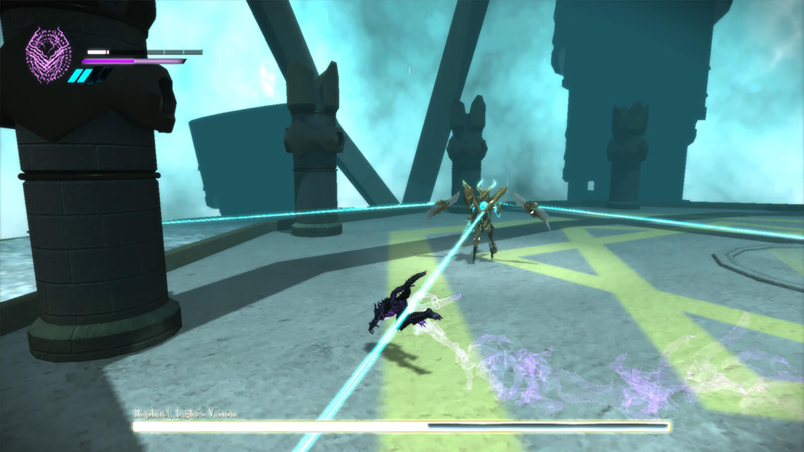 A demon-like figure in black and purple dodges blue beams coming from a large monster on a gray, polygonal parapet.
