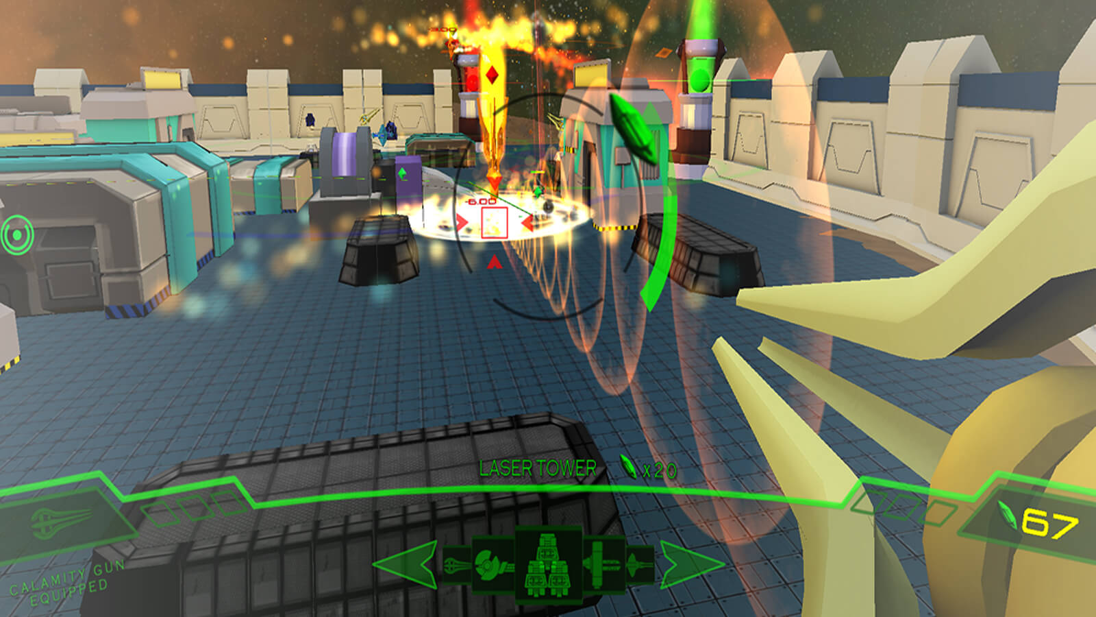 Player's first-person view of the playable area. Turrets, particles, and a HUD fill the screen.