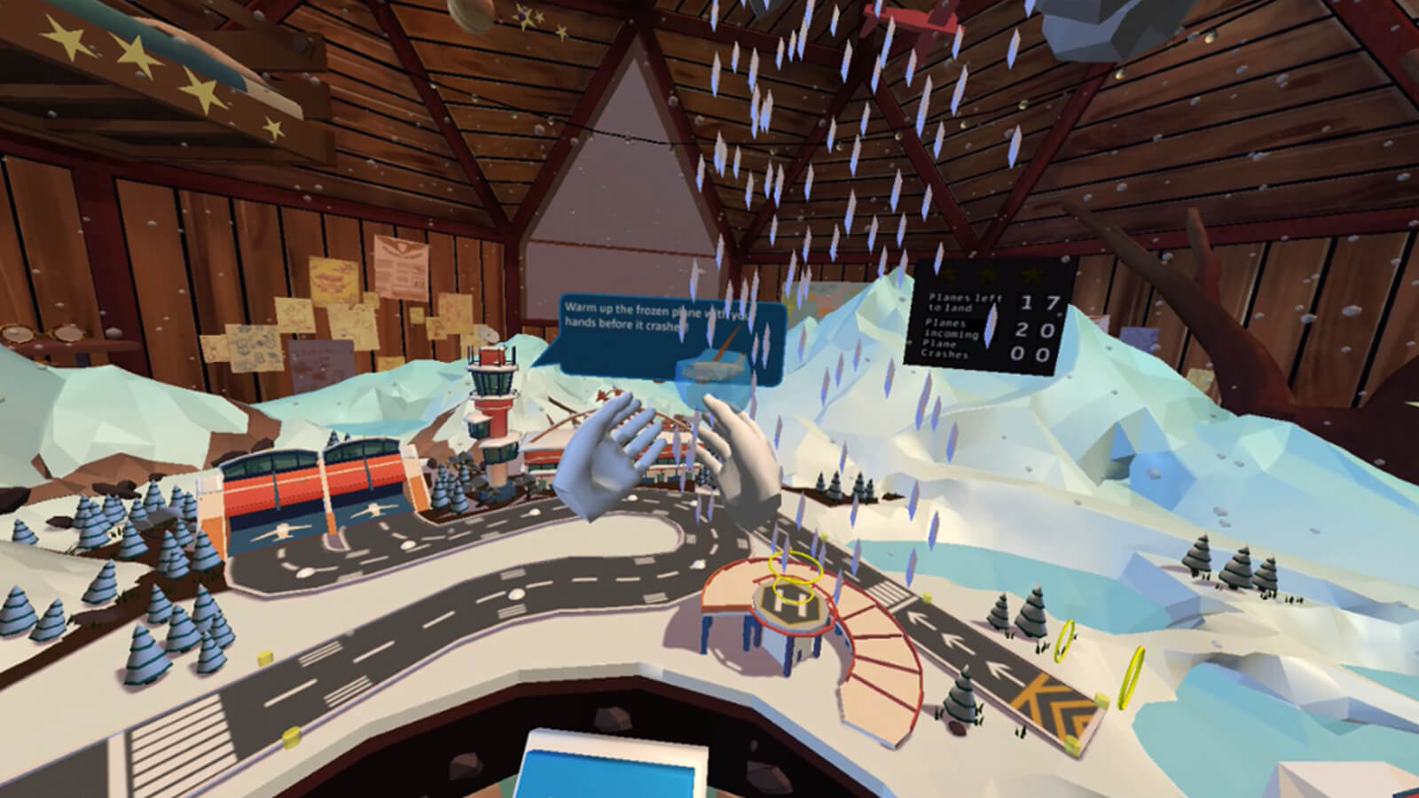 A miniaturized airport is pelted by show with an icy mountain int he background