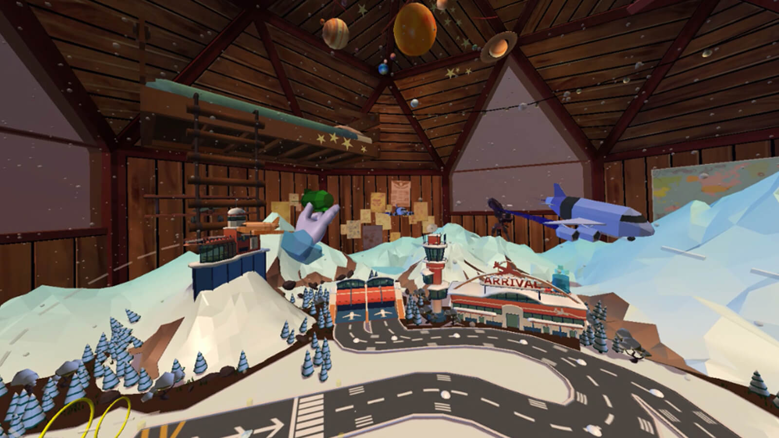 A snowy 3D modeled airport sit inside a wood-paneled room. The player's disembodied hand can be seen manipulating aircraft.