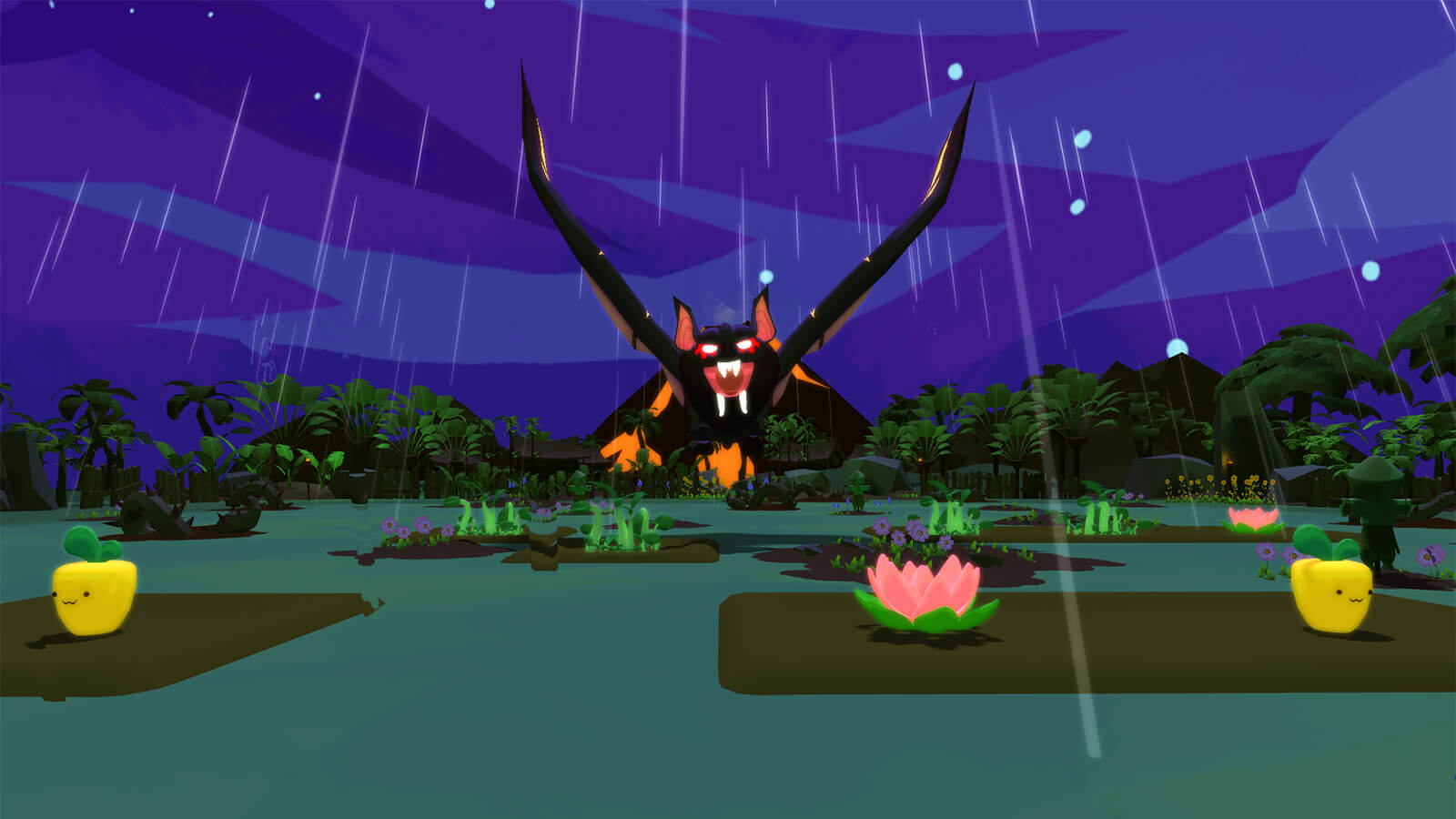 A giant, fanged bat flies through the rainy night sky above a grassy clearing containing several types of planted crops.