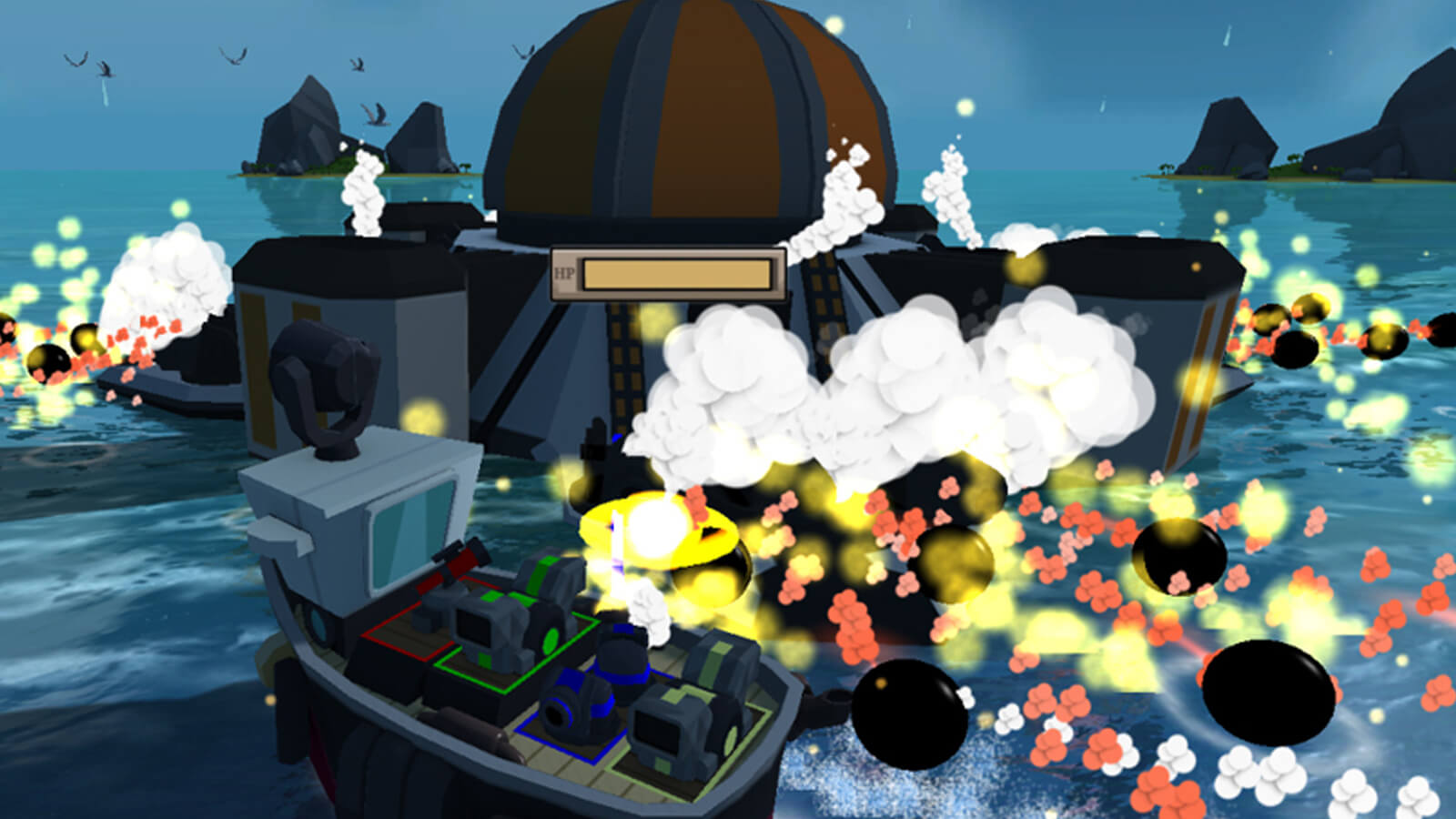 The players' boat dodges a barrage of cannon balls from a massive boss floating on the ocean