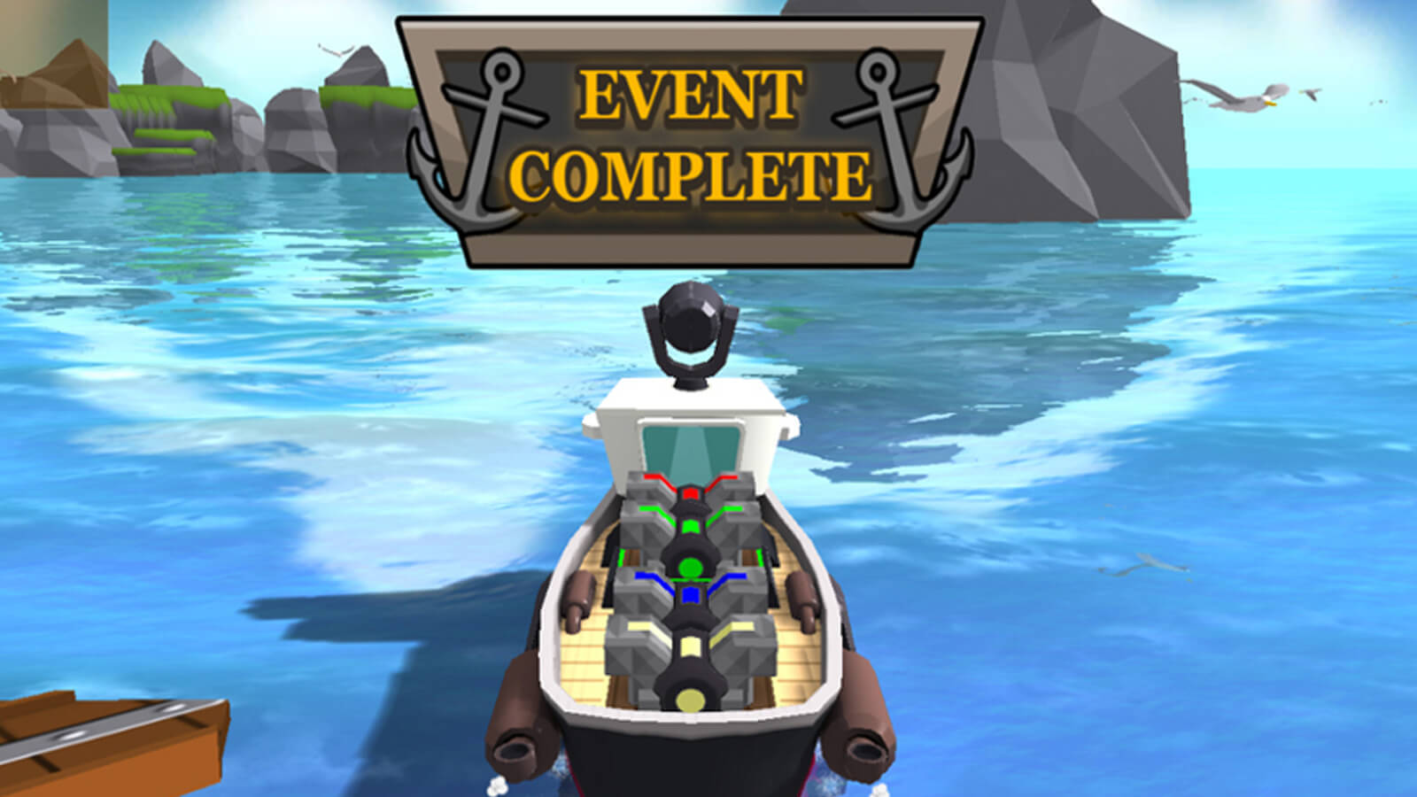 The players' boat seen from behind sailing towards an anchor graphic reading "Event Complete"