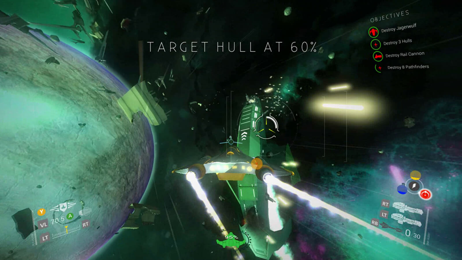 The player's spacecraft is seen from the rear as its engines leave exhaust behind it. A green enemy ship is seen ahead of it.