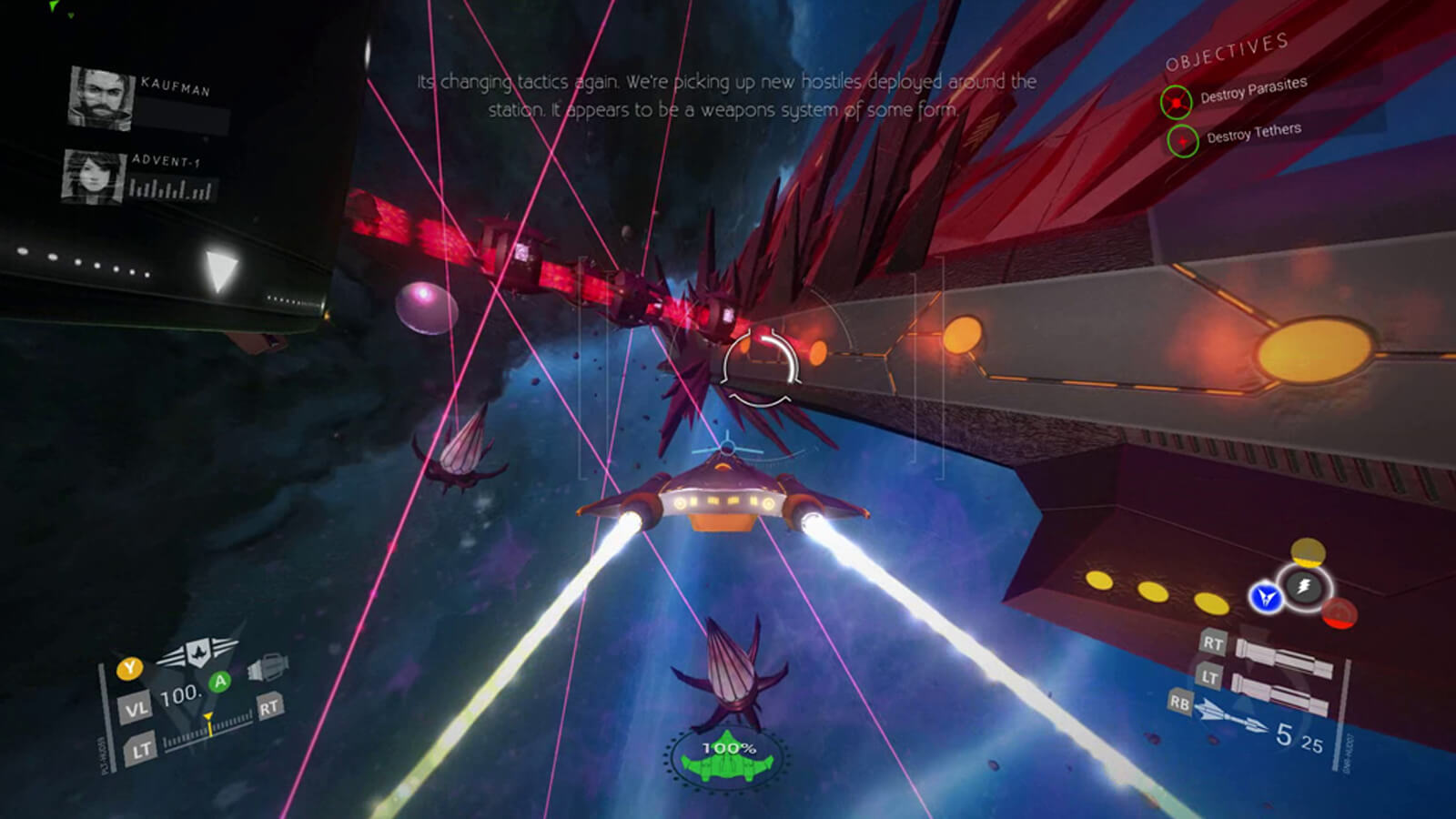 The player's spacecraft cruises toward a massive, angular boss ship. Flower-bud shaped enemies stand in the way