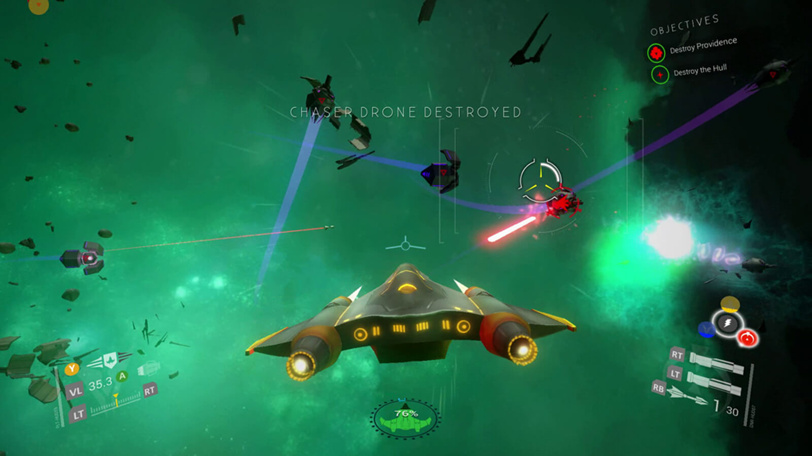 The player's spacecraft didges an enemy's red laser bolt against a green-tinged background