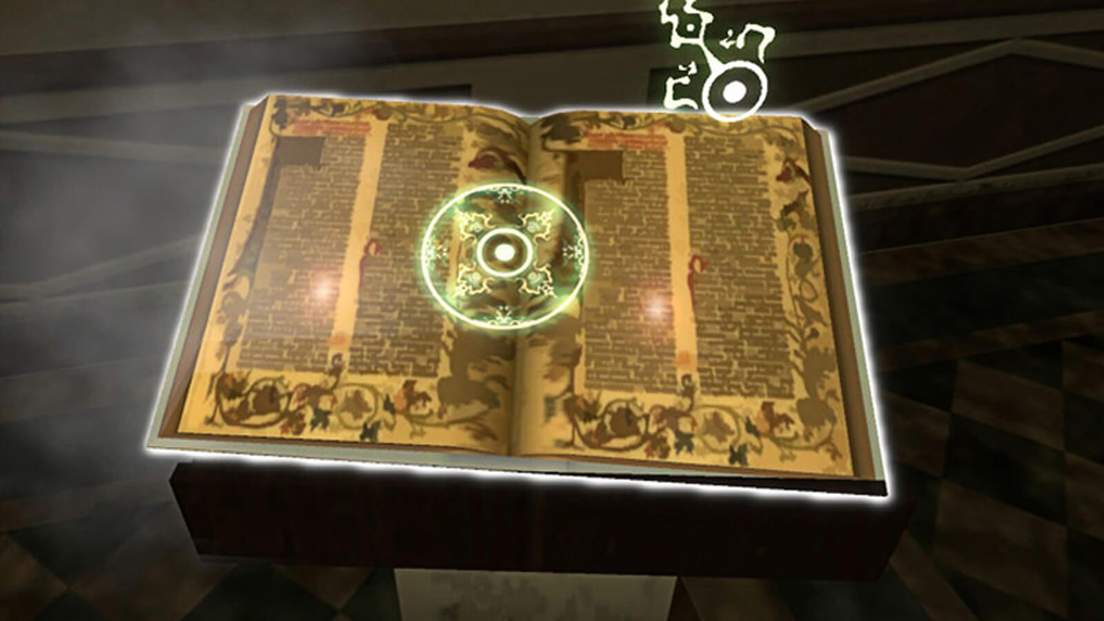 A thick, weathered book is opened to a page of illuminated text. A magically glowing green rune floats above it.