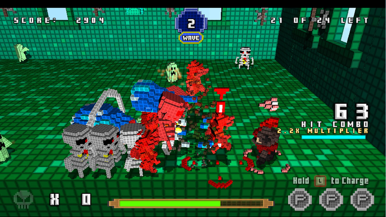 A crowd of multicolored, voxel-based enemies descend on the player on a green-background map