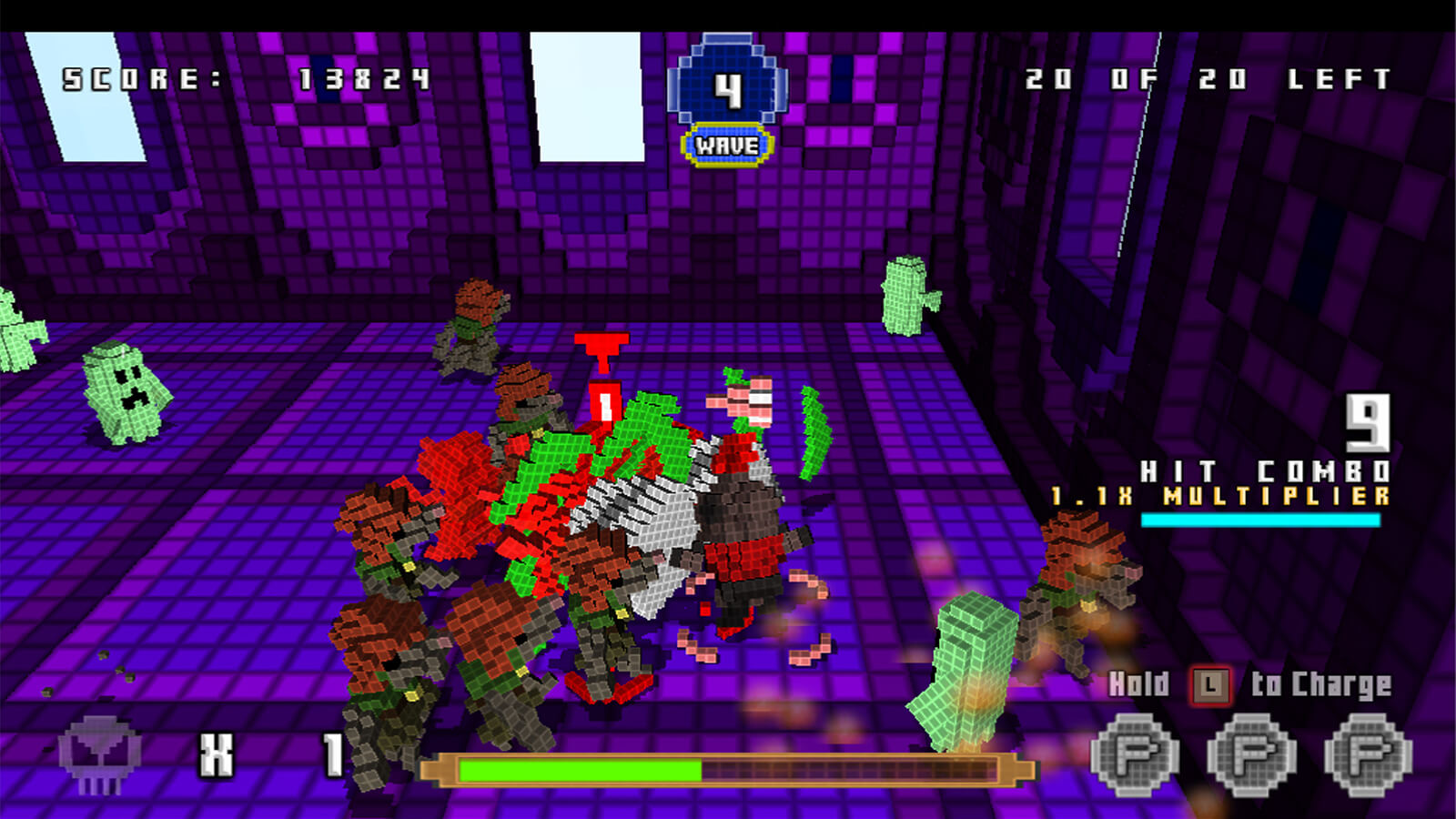 Several voxel-based enemies surround the player's character on a violet-colored map