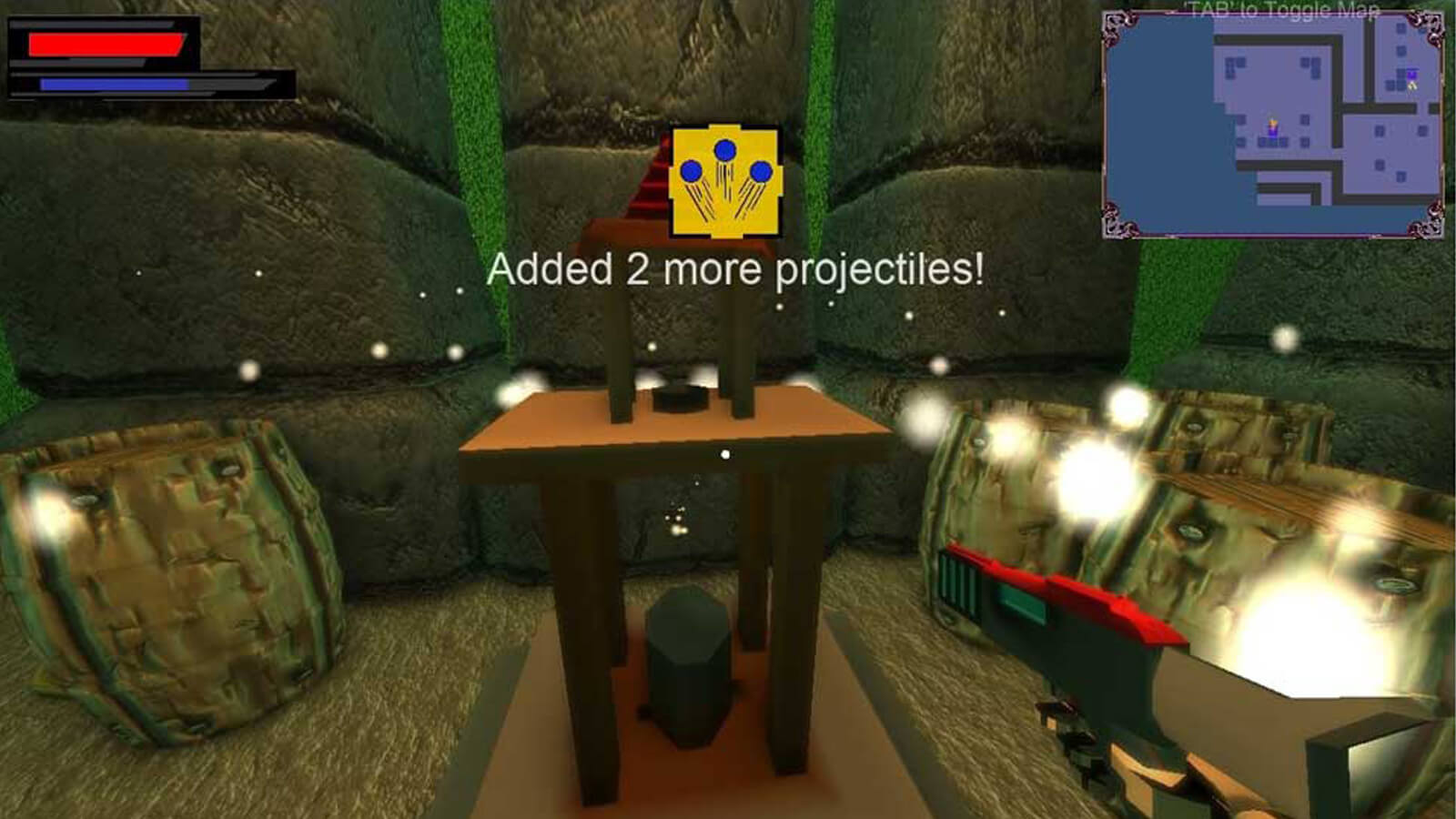 First person view of a small table surrounded by barrels in a stone dungeon. The words "Added 2 more projectiles!" appear.