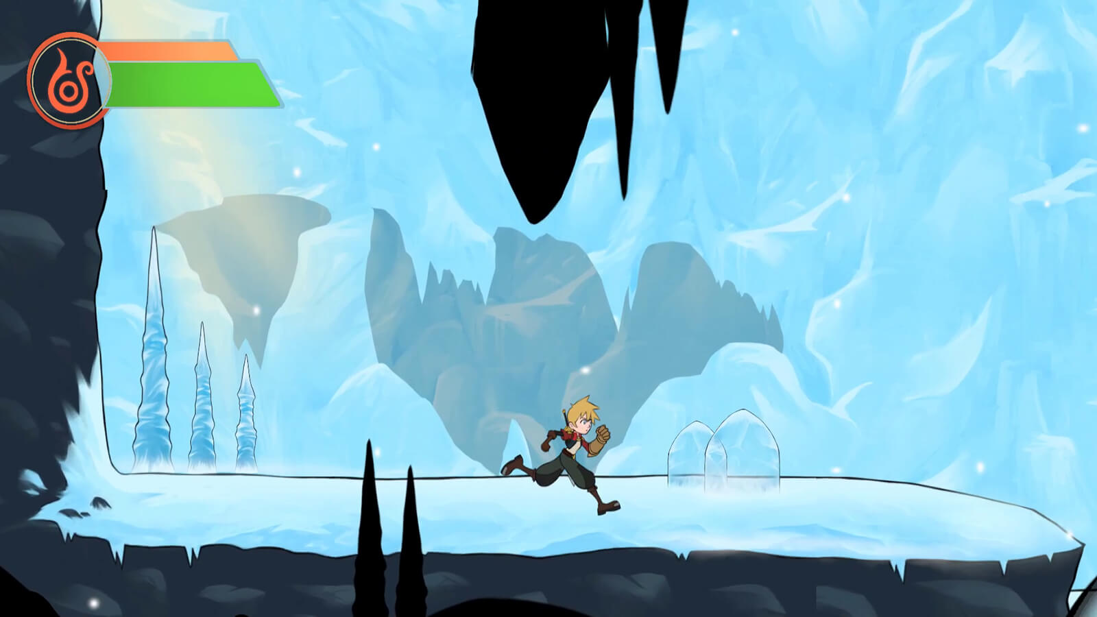 A 2D-animated character wielding a large brown gauntlet runs across an icy cavern.