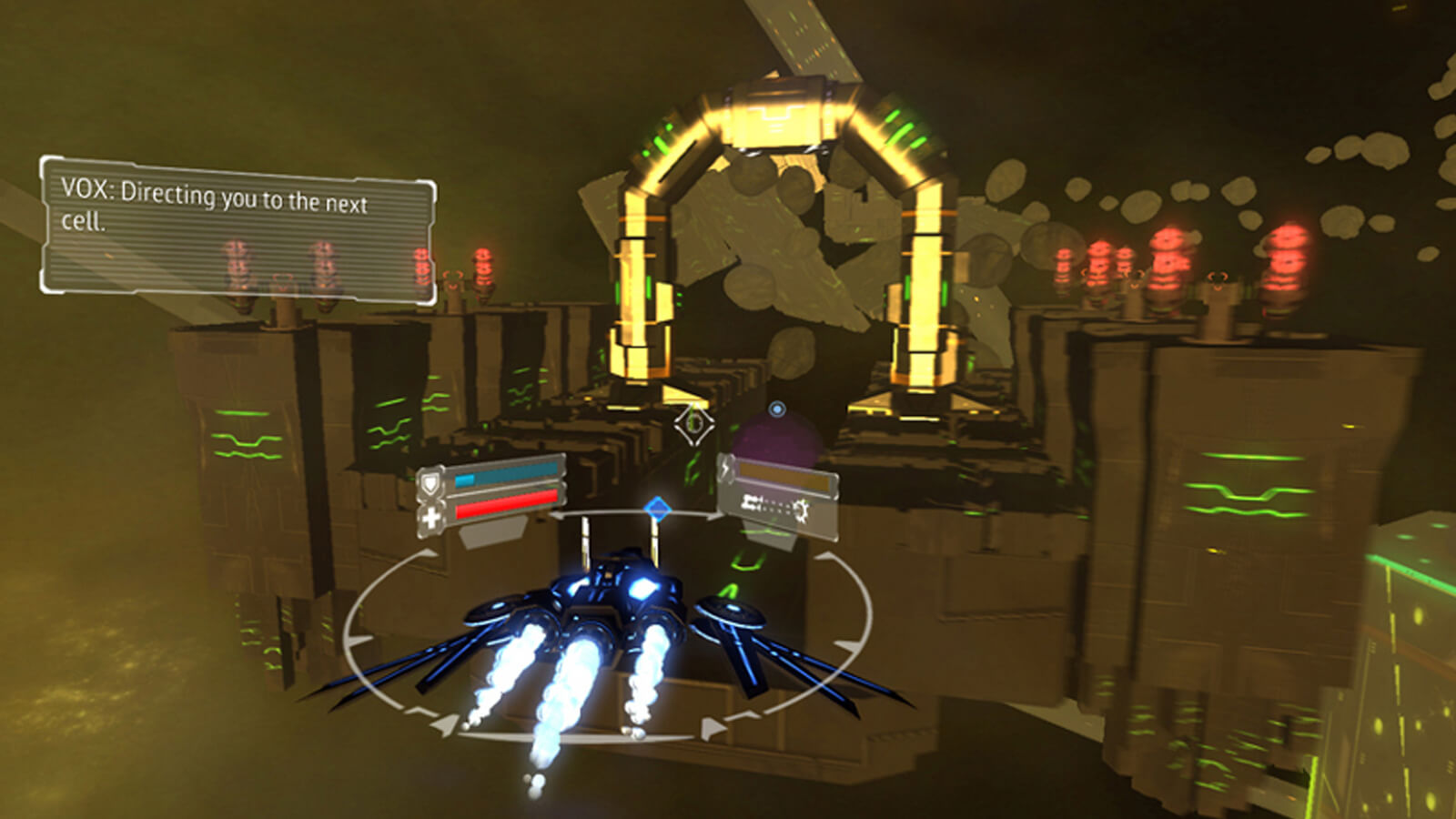The player's ship rushes toward a glowing yellow arch in a hazy area of space