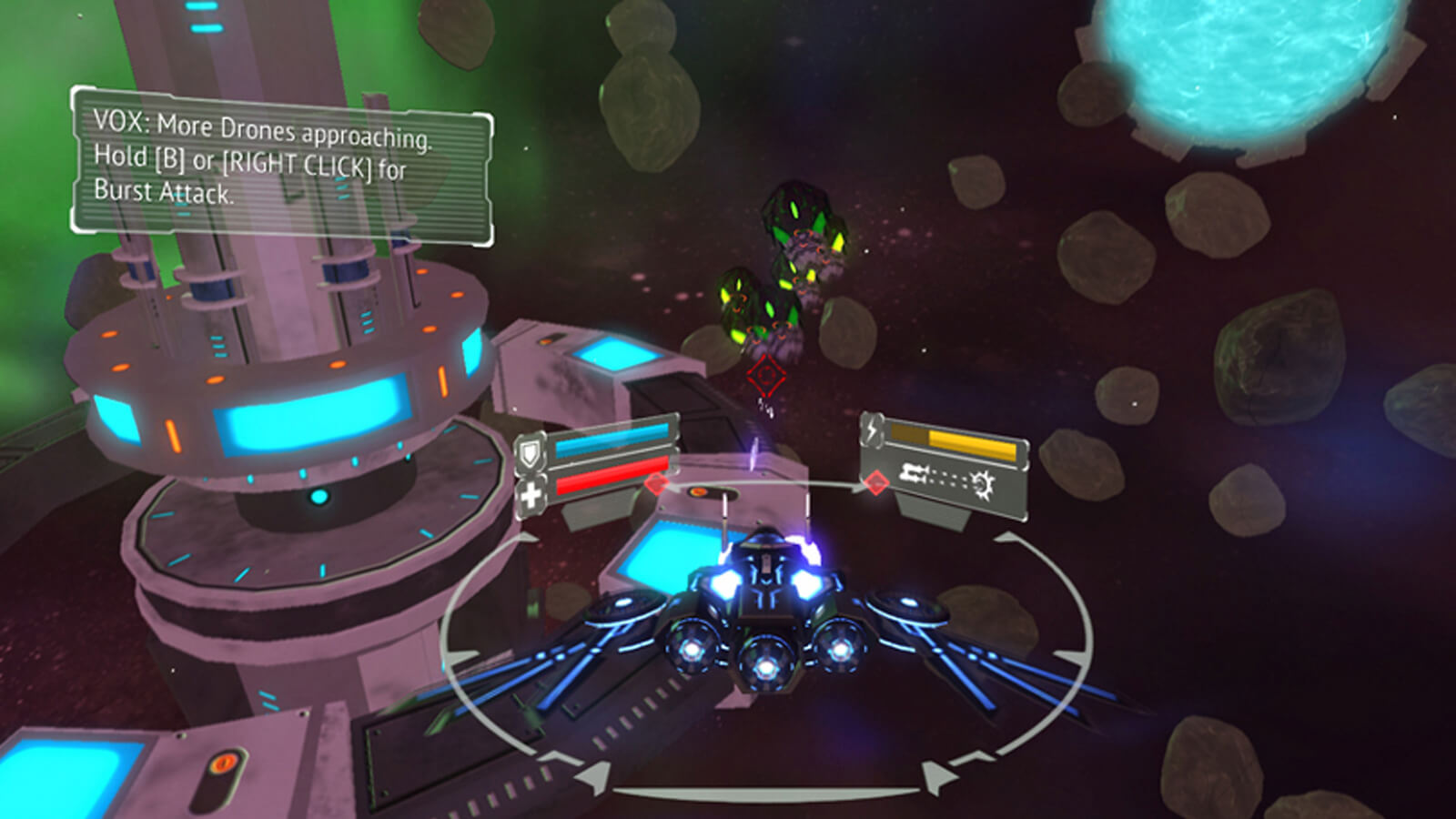 The blue and black space ship approaches enemies with a space station and asteroid field in the background.