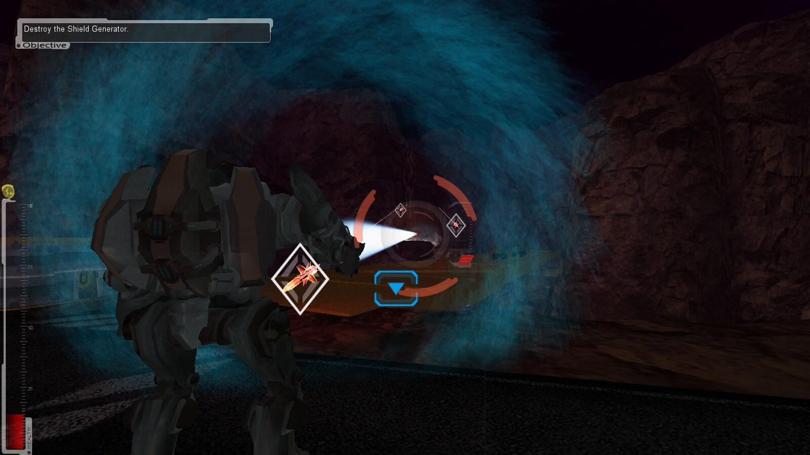 Mech suit seen from behind in a cave preparing to fire a missile