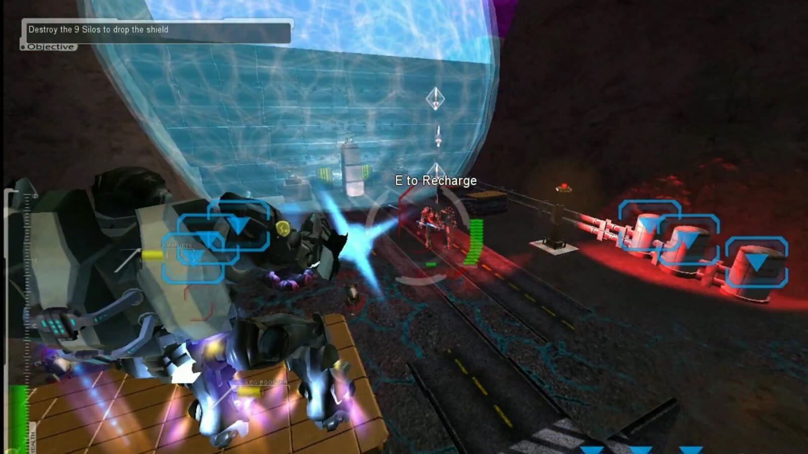 A mech suit hovers above an enemy in the distance lining up a shot. A blue shield blocks the path forward.