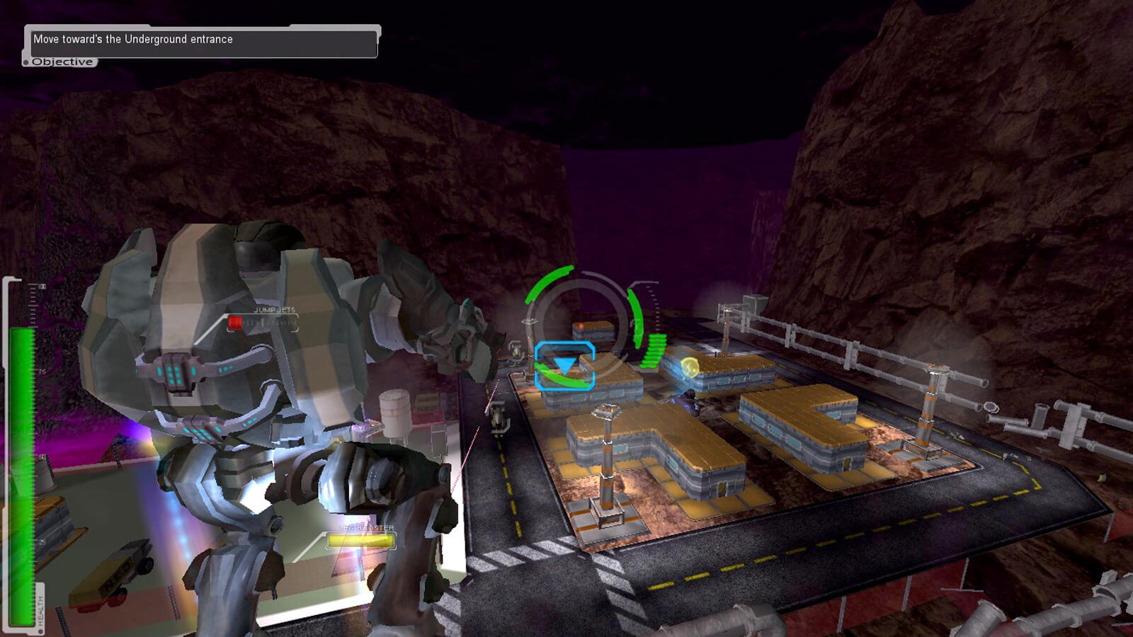 View from the back of a mech suit as the player jumps through the air. An underground road and military base are seen below.