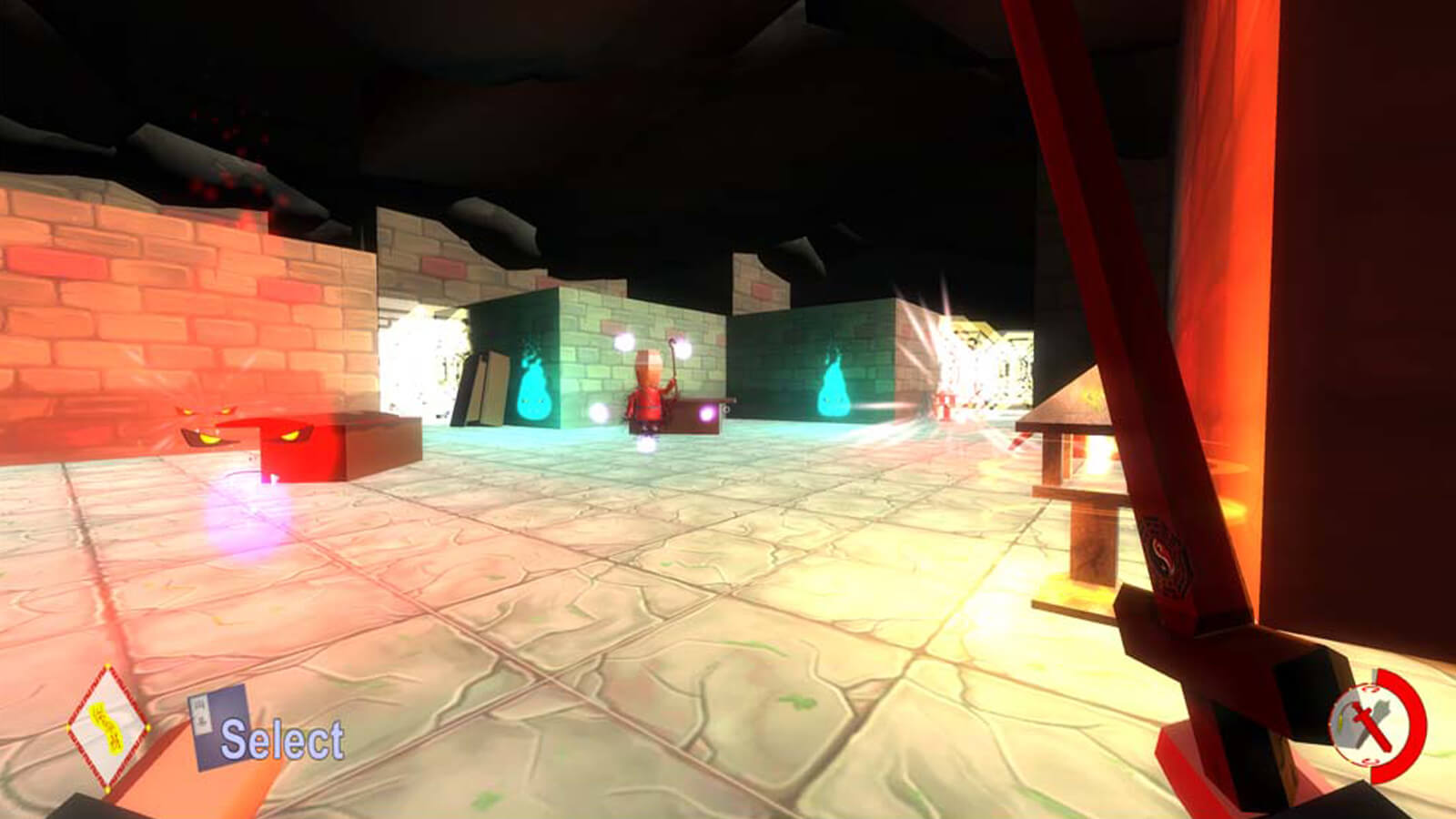 In first-person view, an enemy stands ahead surrounded by floating pink spheres and aqua flame balls