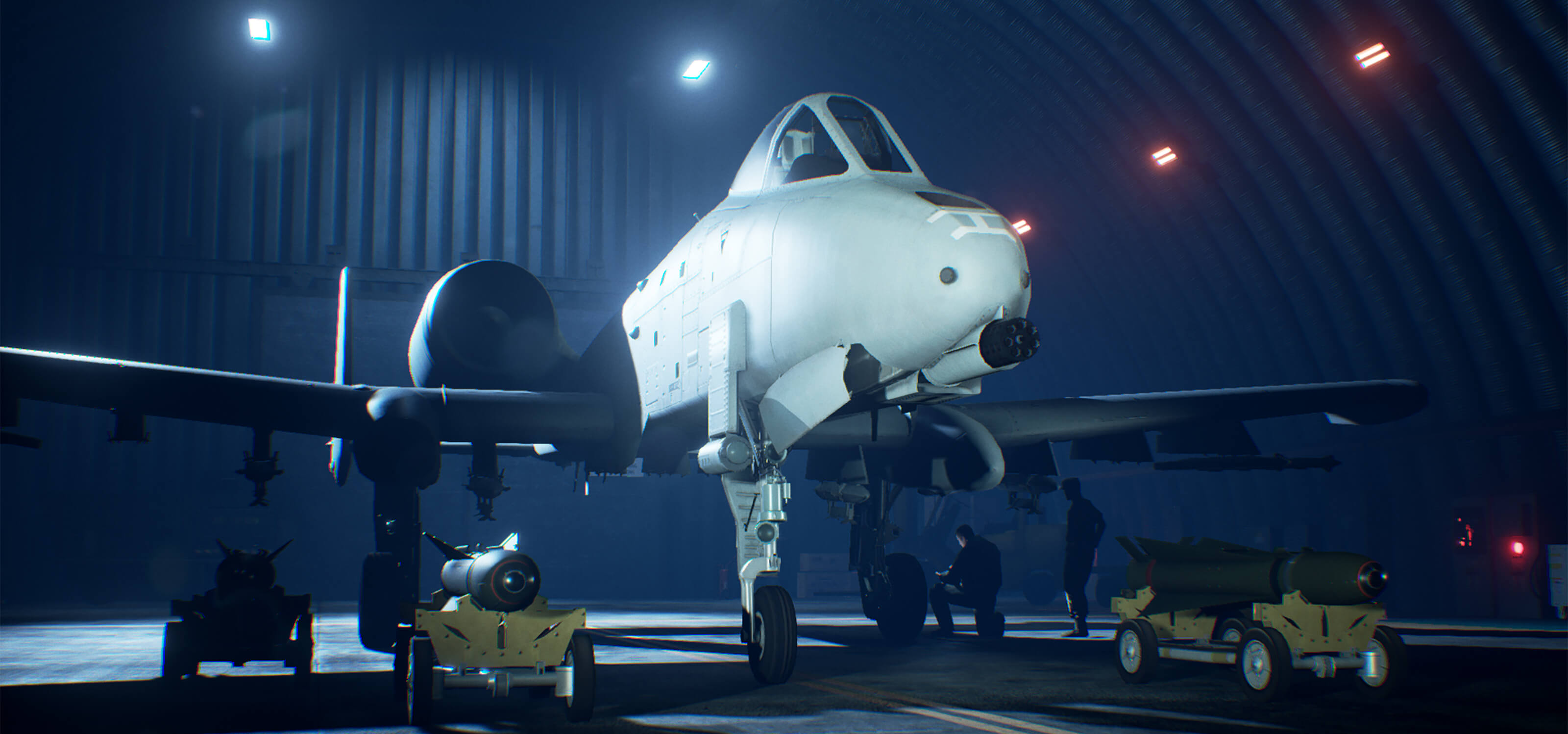 Screenshot from Ace Combat 7 of a fighter jet in a hangar with two men working near the landing gear.