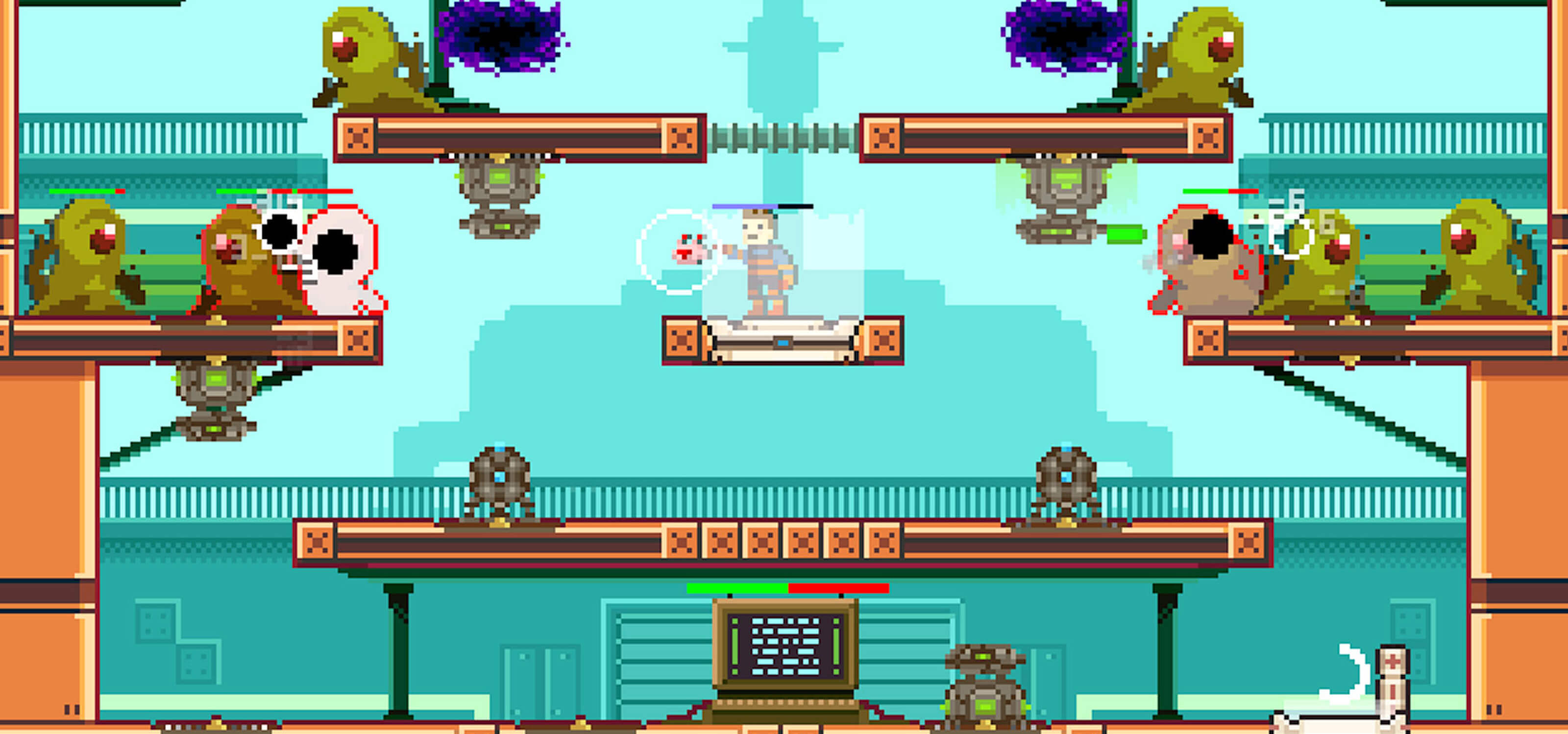 Screenshot of Spacejacked; a 2D character stands on a central platform surrounded by green aliens