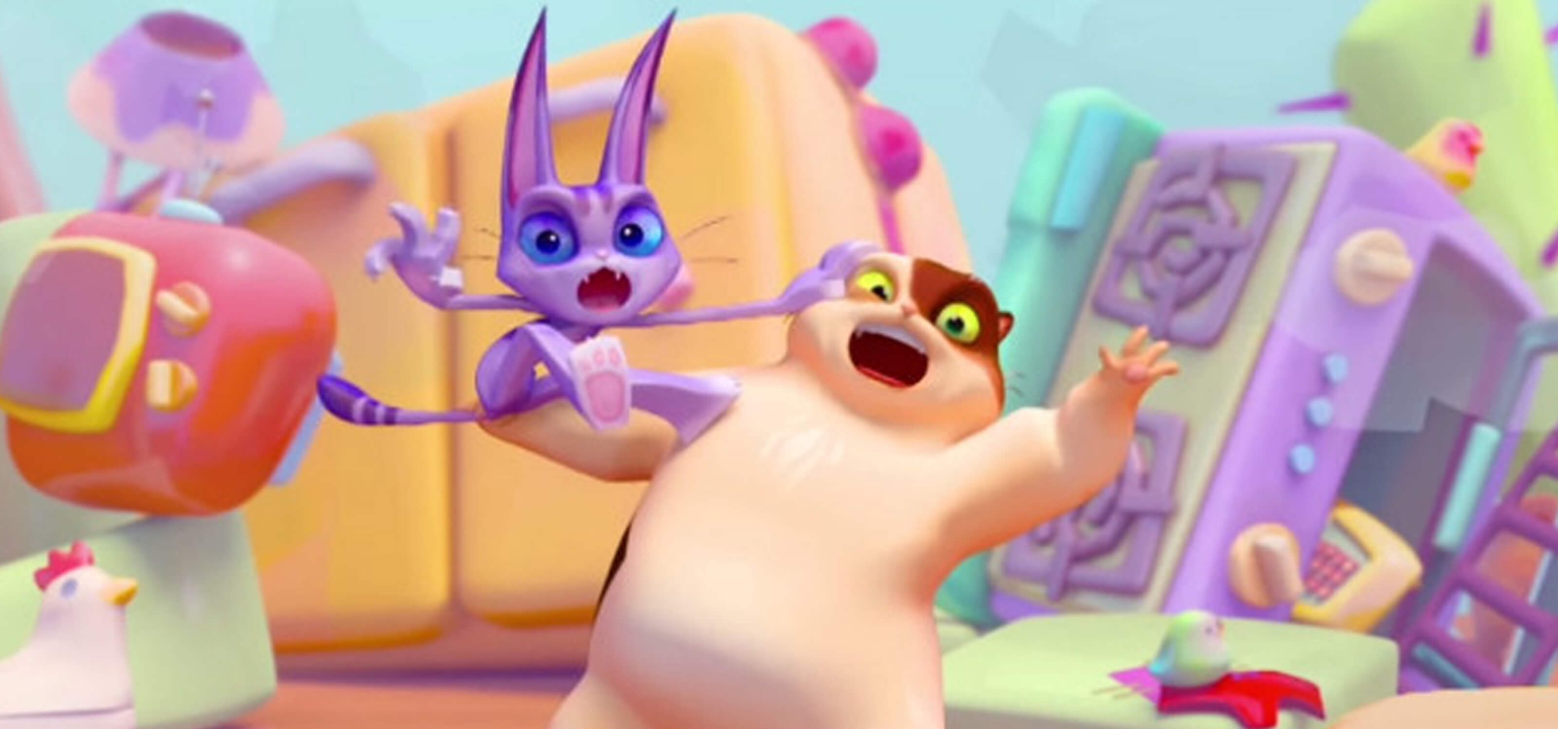 3D animated scene of a purple cat and beige cat surrounded by a child's colorful toys