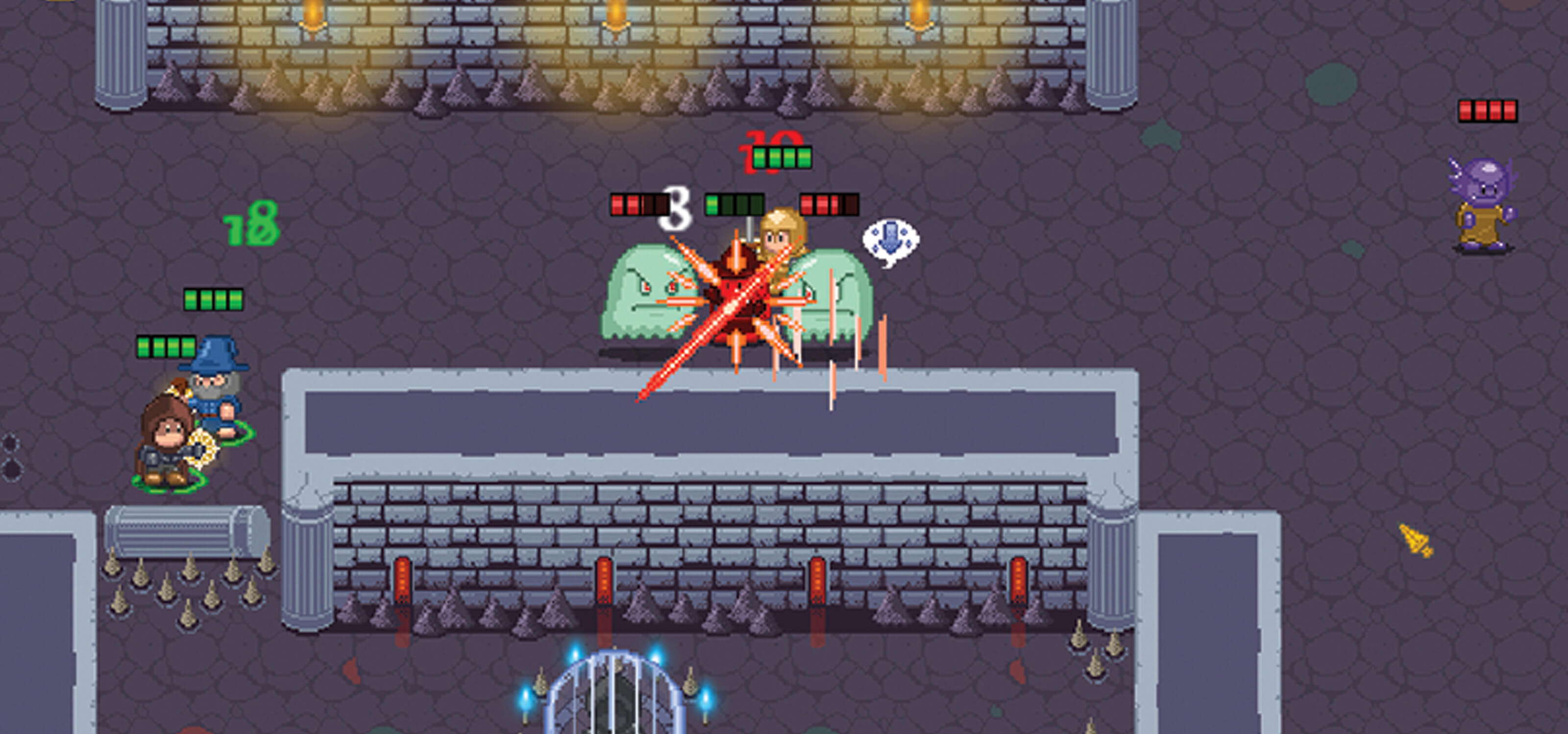 Screenshot of Dungeon Delvers in a dungeon with the playable characters being attacked by green blob monsters