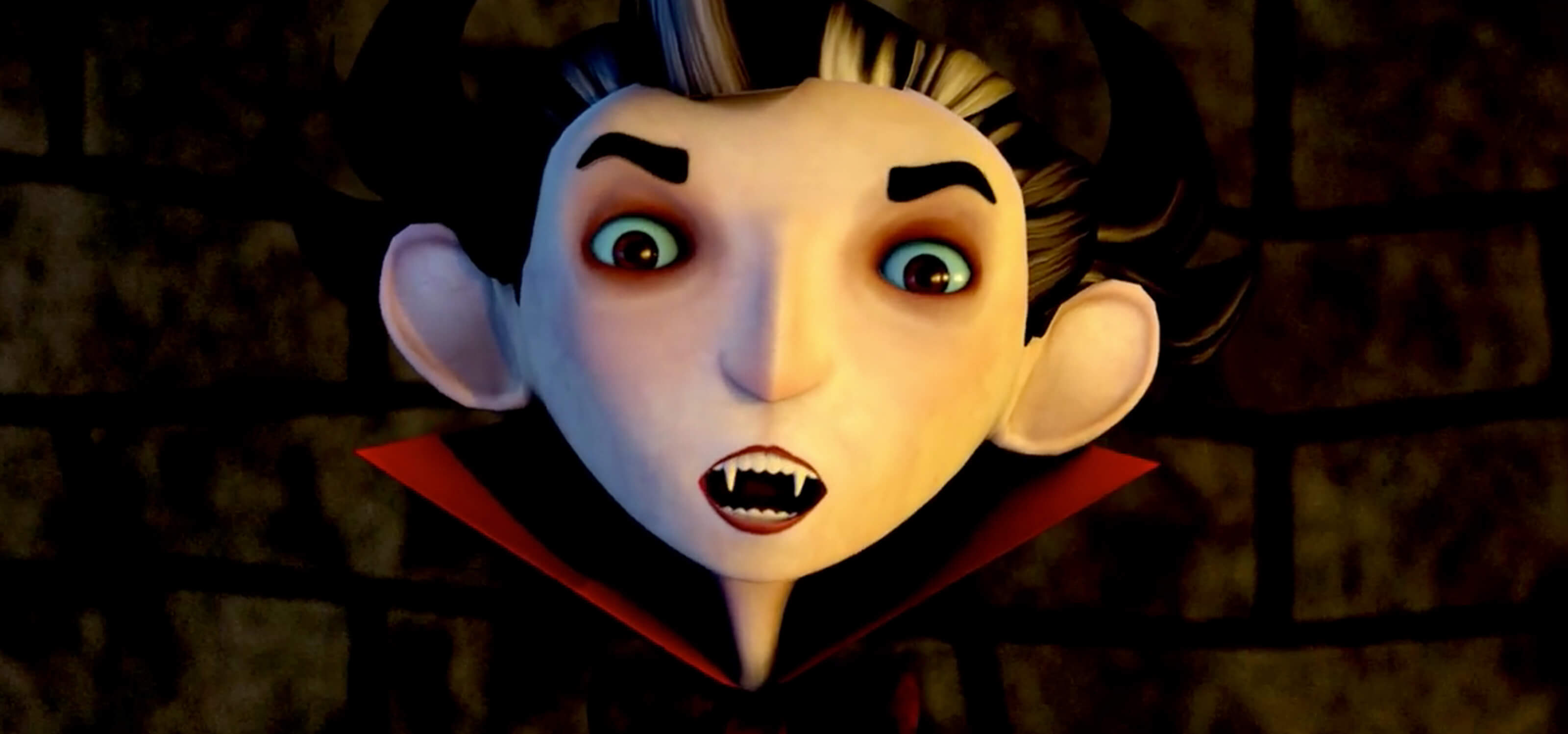 Close-up shot of a 3D animated vampire with a pale face, fangs, and red collar
