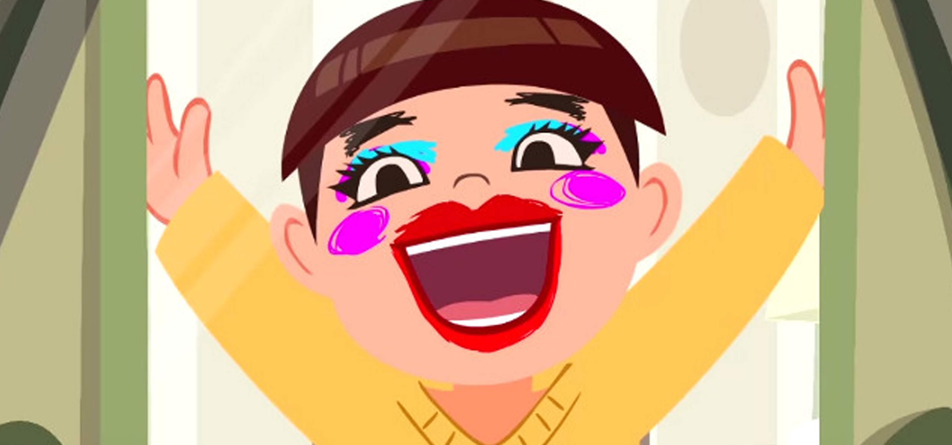 Still screen of 2D animated girl in a yellow sweater opening a closet wearing bright red lipstick and pink mascara