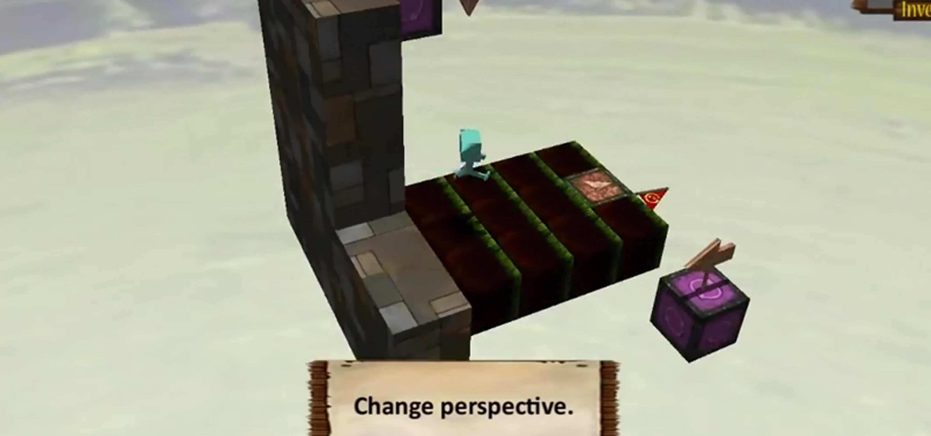 Screenshot from Blockhead game, a green character with a cube head runs on a platform floating in the sky