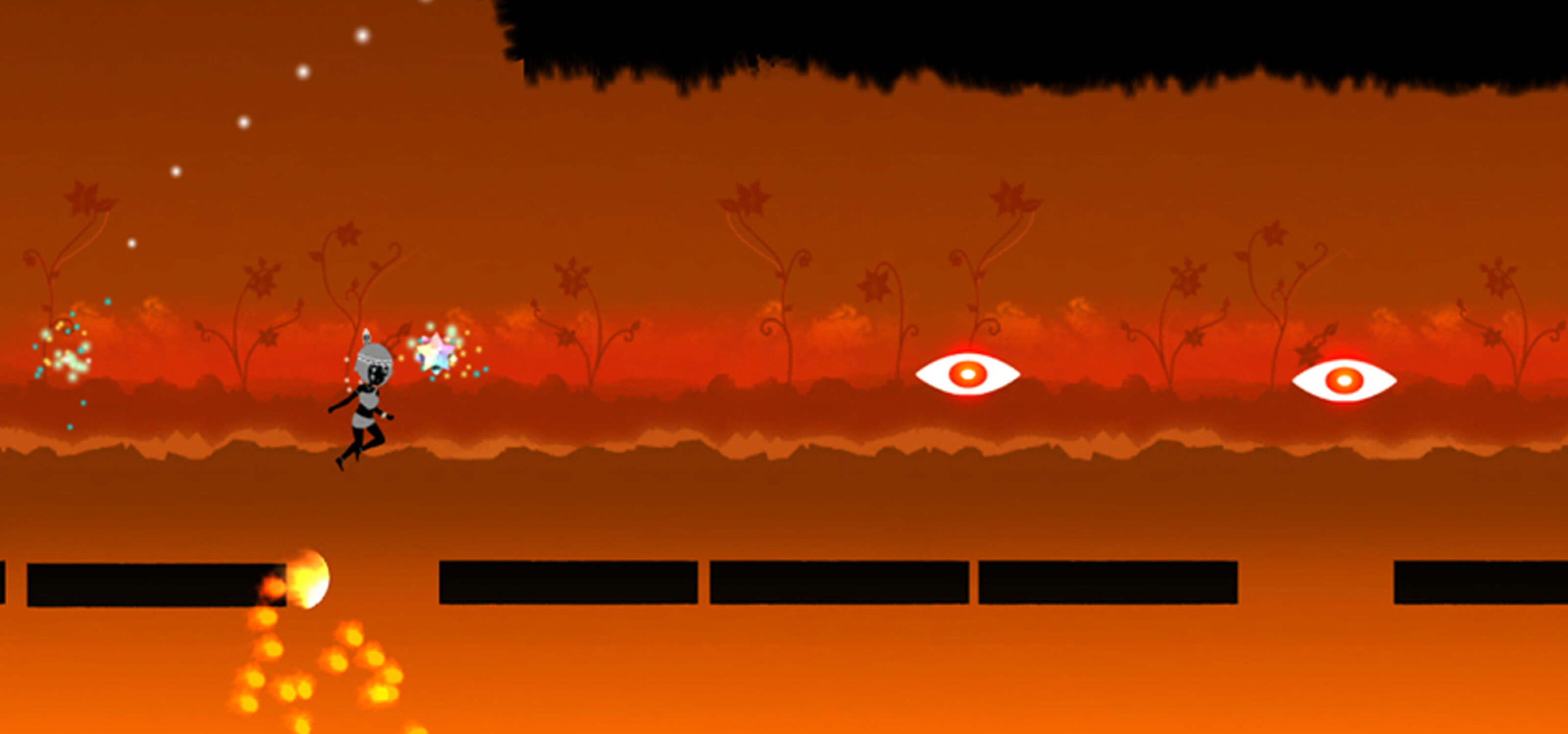 Screenshot from Iris, the 2D character hops onto a platform in a fiery level as two glowing eyes hover in the air ahead